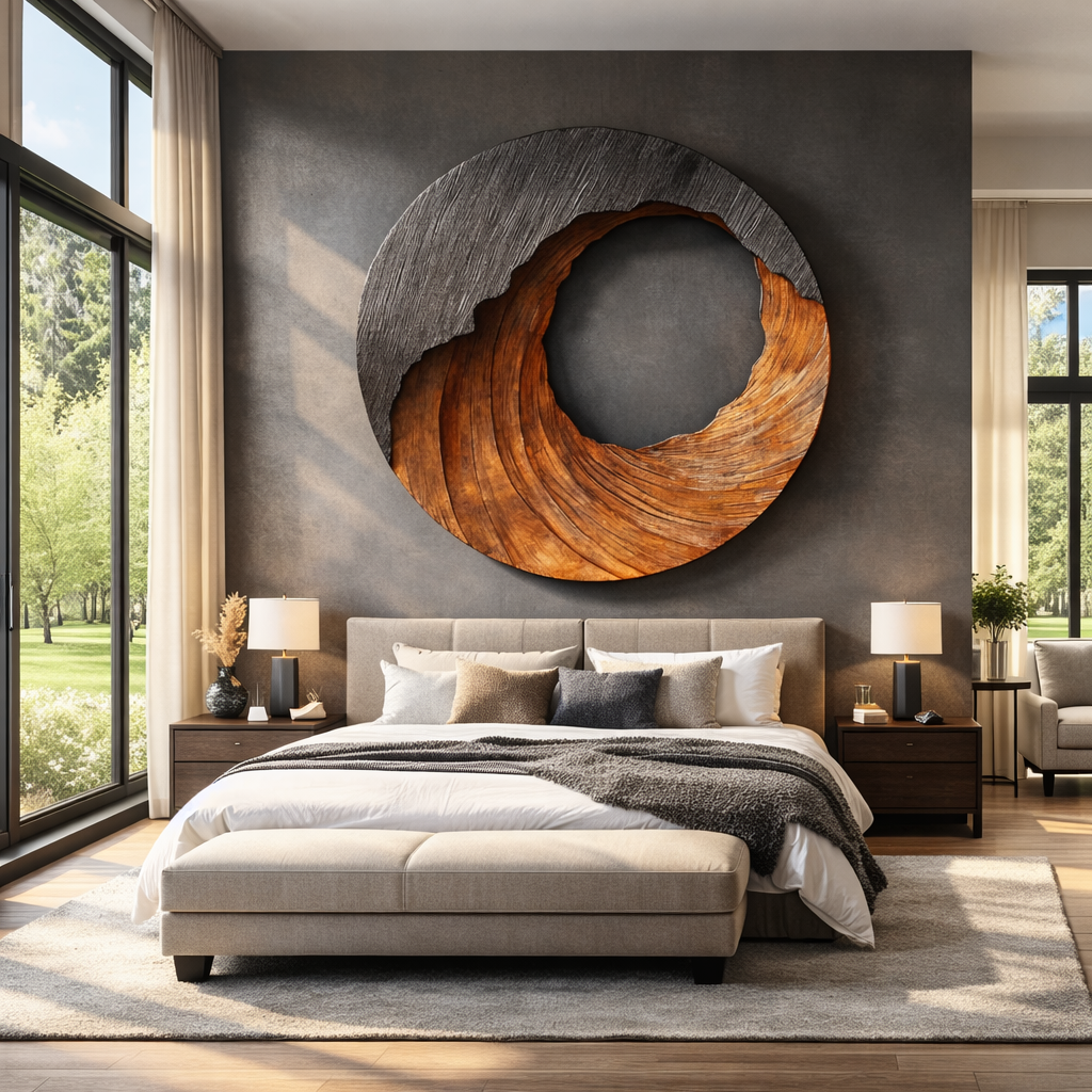 Large Round Solid Wood Wall Sculpture Modern Organic Statement Wall Art for Living Room