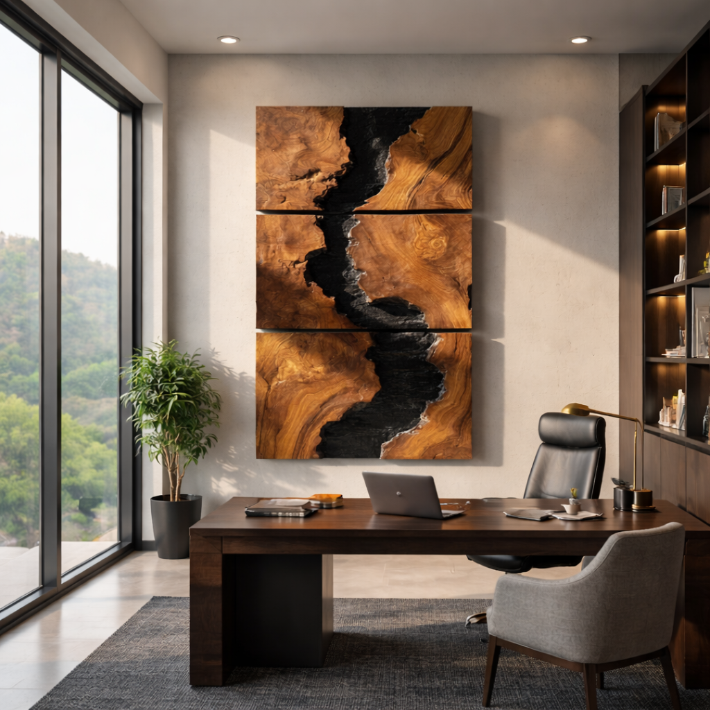 Large Solid Wood River Triptych Wall Sculpture for Modern Interiors
