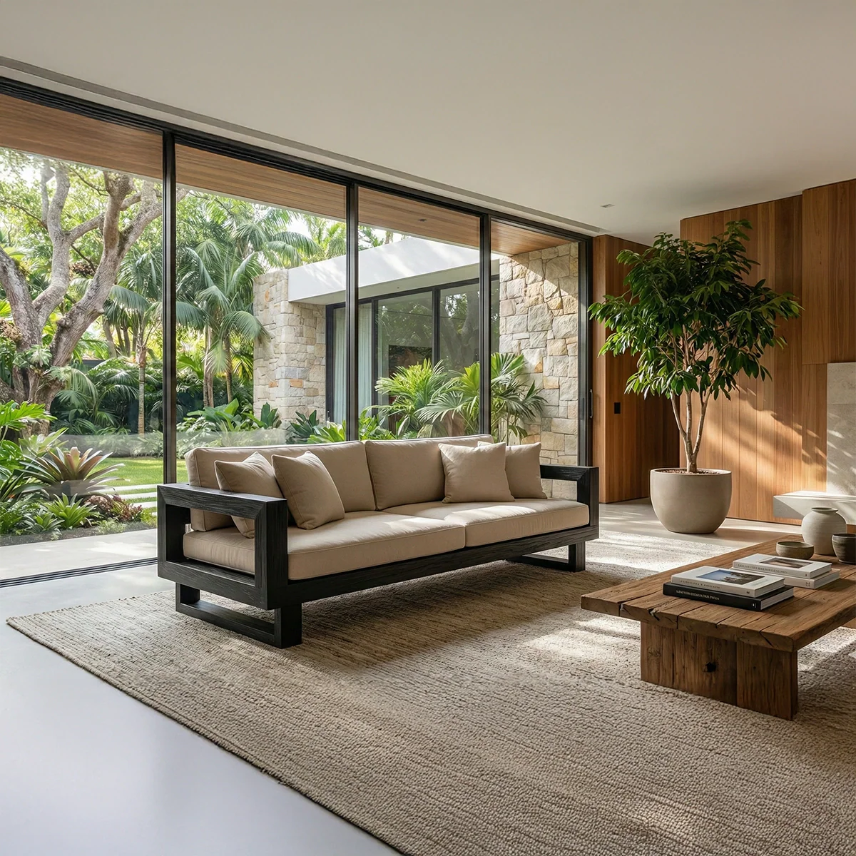 Black Solid Wood Sofa with Linen Cushions for Minimalist Modern Living