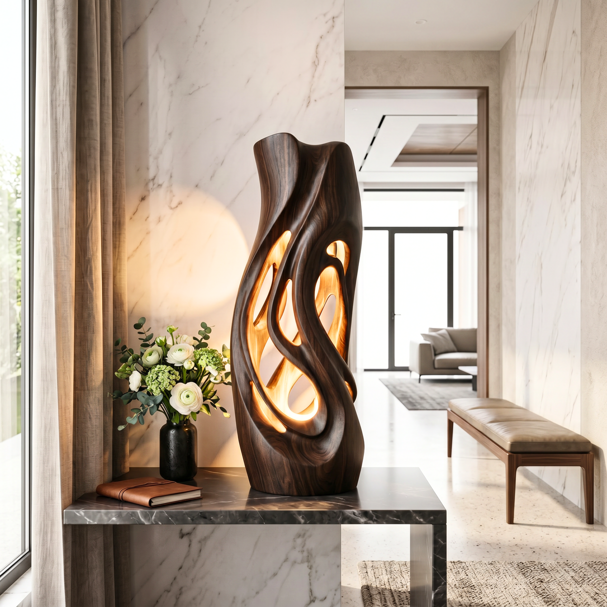 Flowing Hollow Wood Table Lamp with Warm Ambient Glow