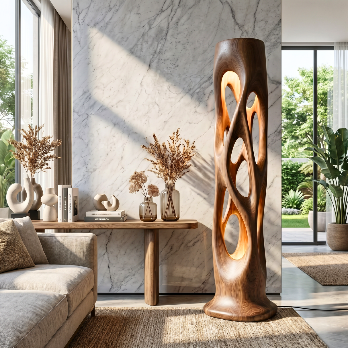 Sculptural Solid Wood Floor Lamp with Illuminated Openwork Column and Organic Cutout Design