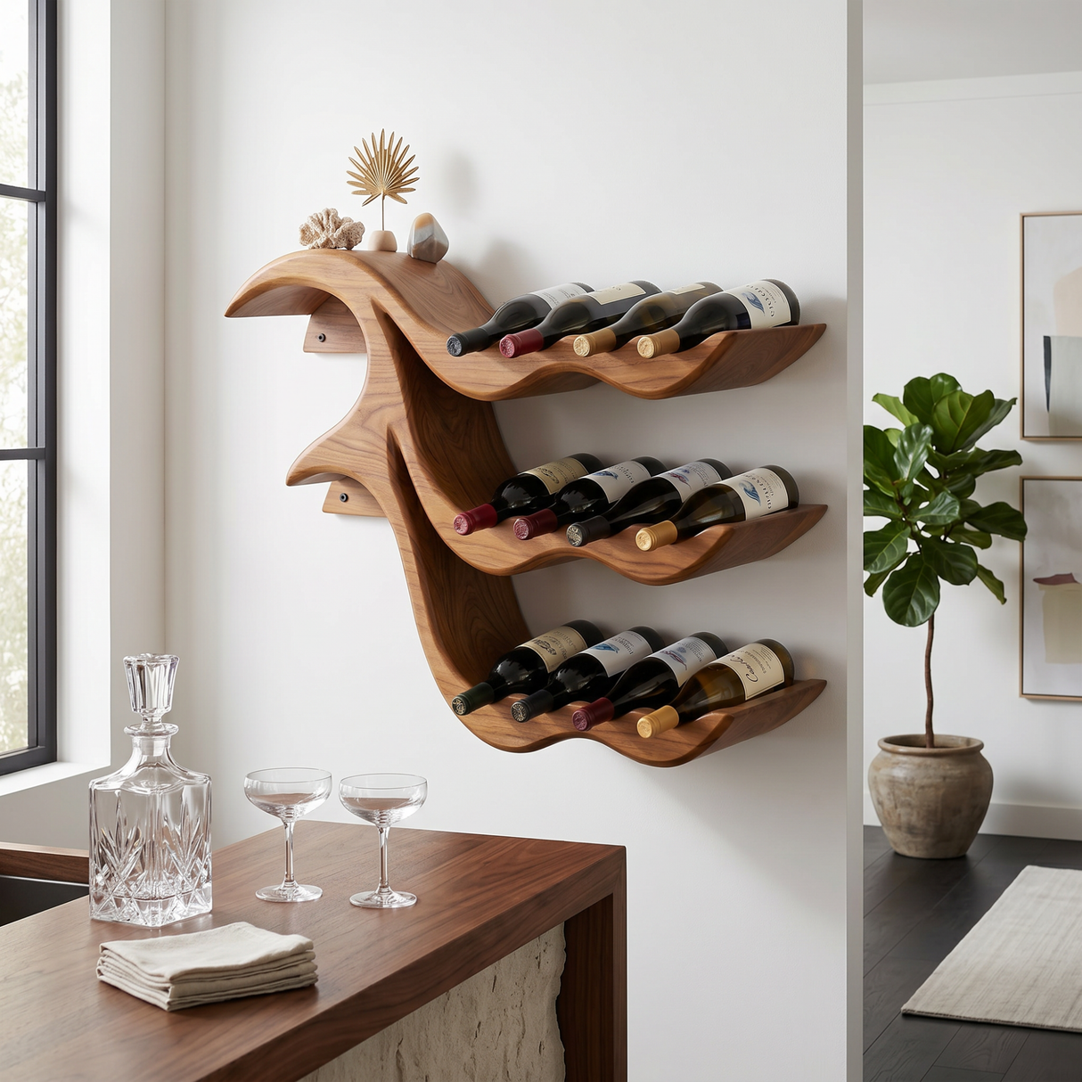 Wall-Mounted Solid Wood Wave Wine Bottle Rack