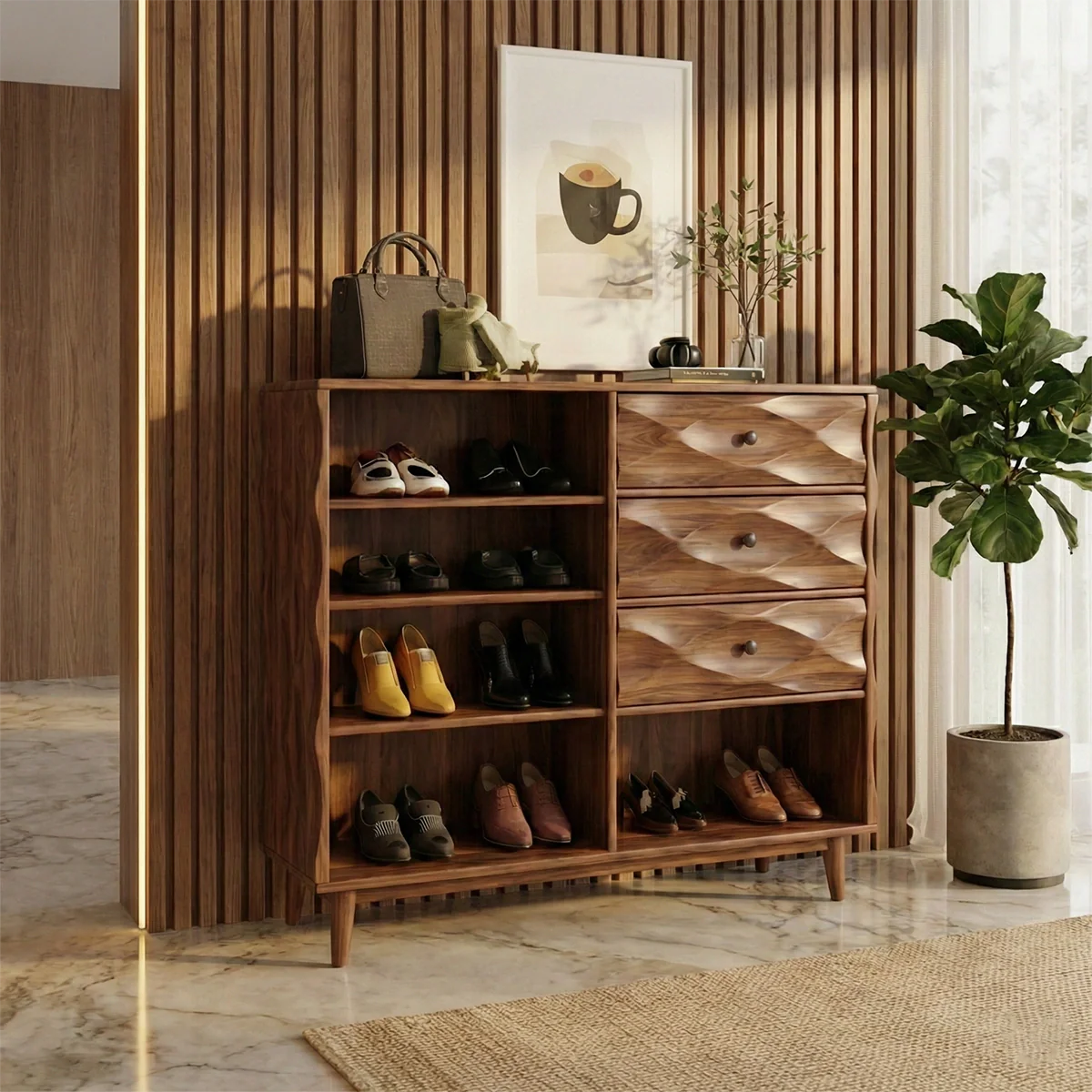 Modern Solid Wood Shoe Storage Cabinet with Drawers and Open Shelves Mid-Century Entryway Organizer