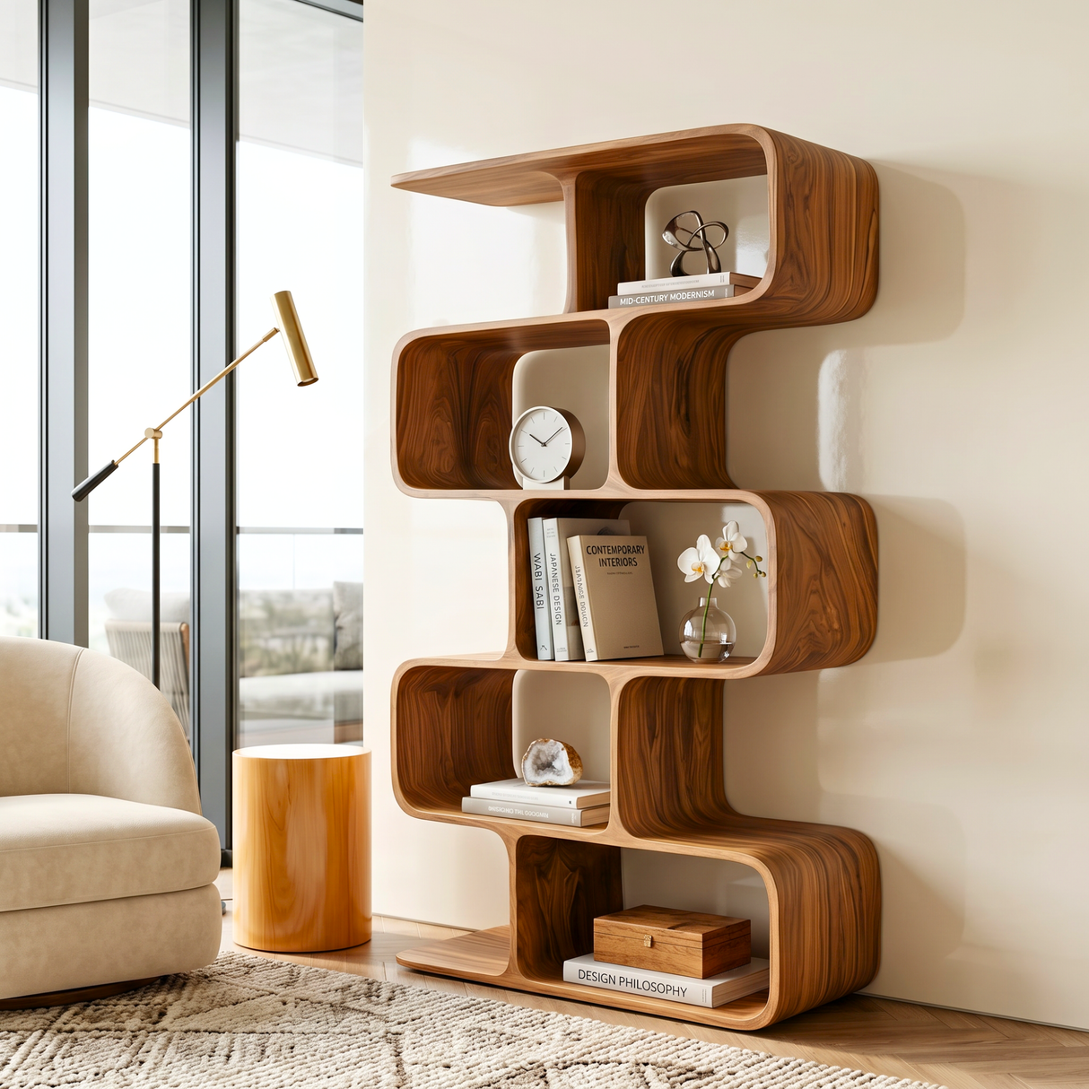 Organic Solid Wood Bookshelf with Staggered Rounded Compartments