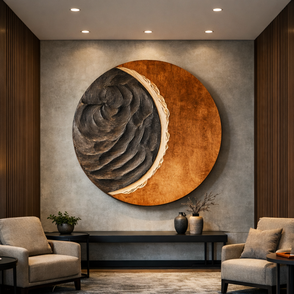 Contemporary Solid Wood Round Wall Sculpture for Living Room