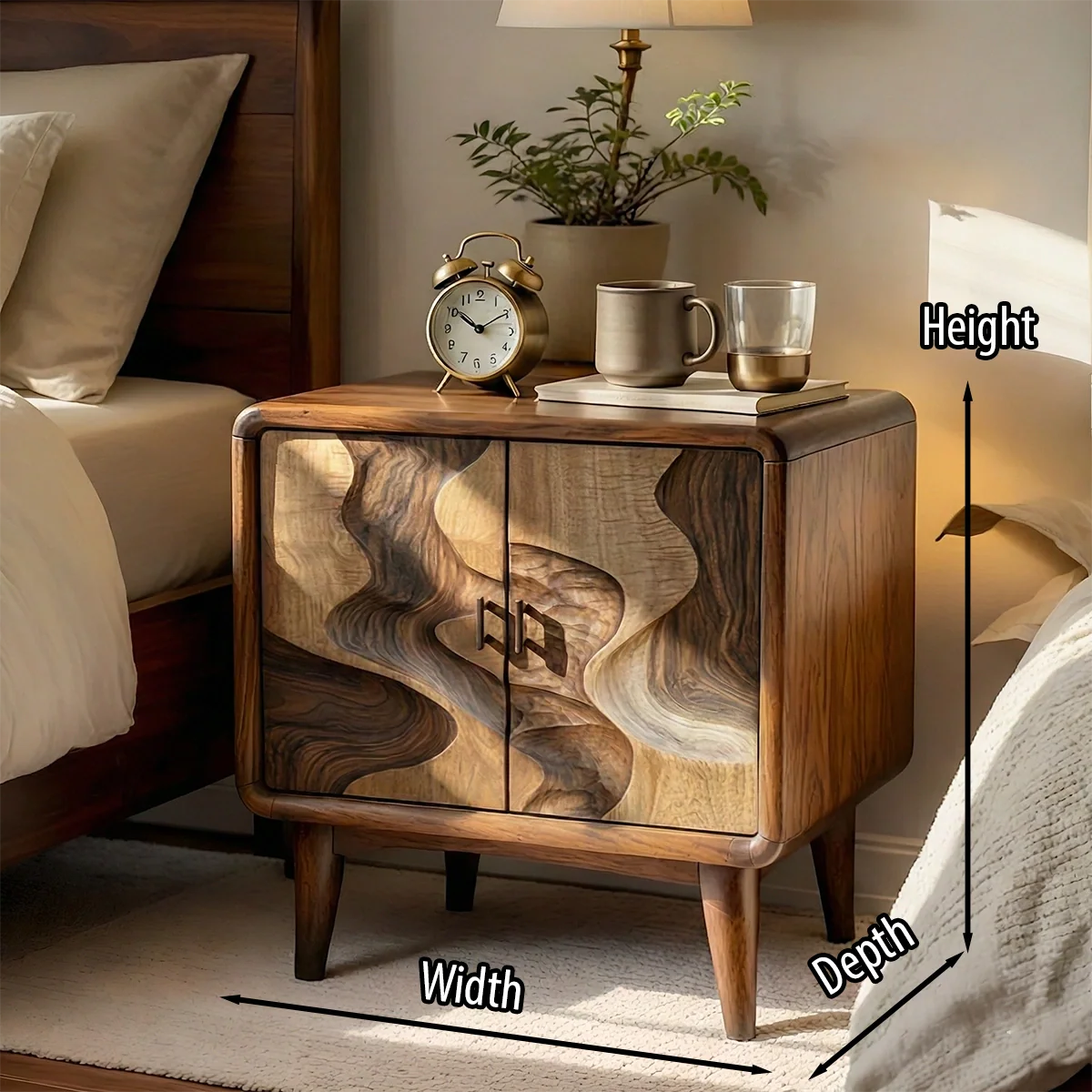 Organic Solid Wood Nightstand with Sculptural Door Design