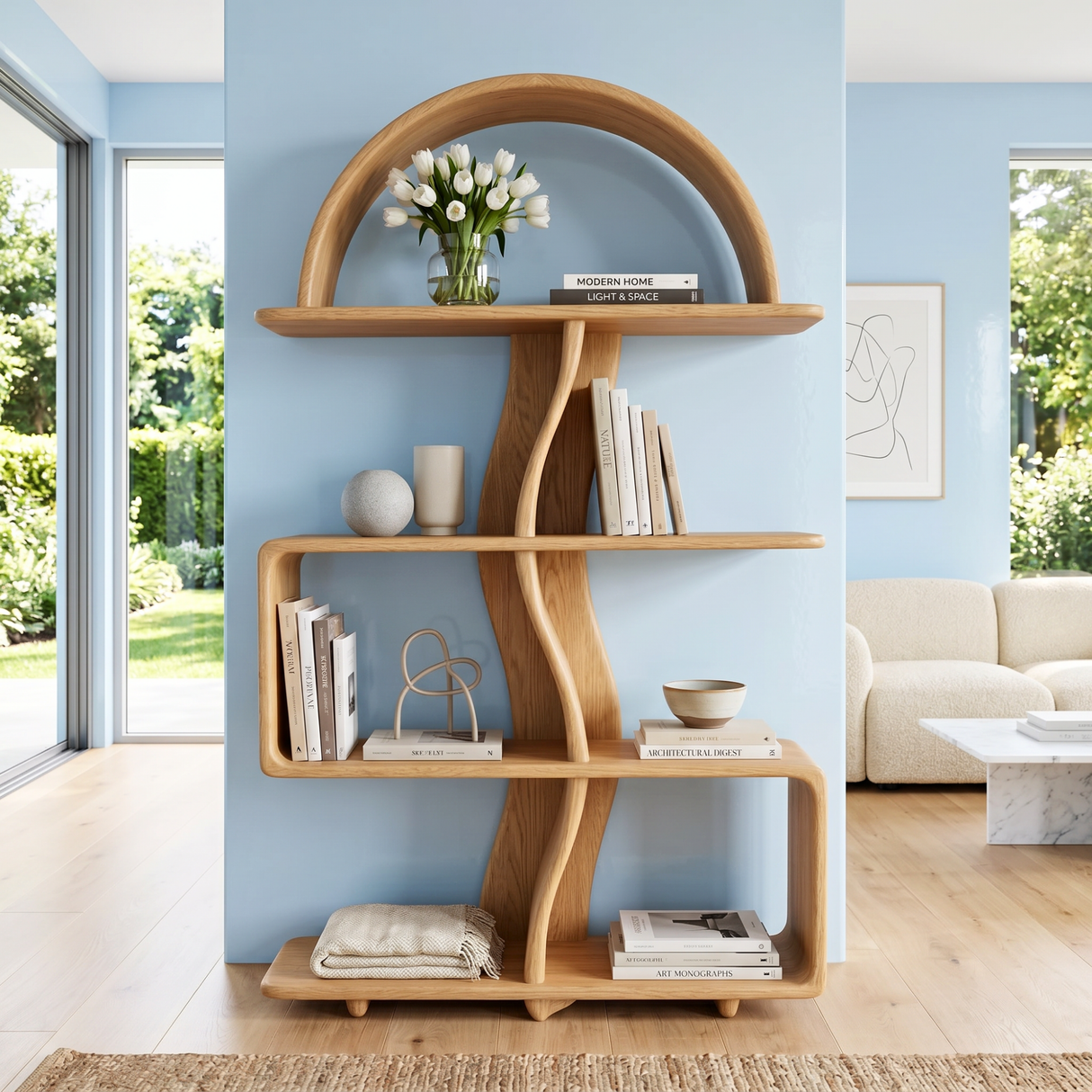 Organic Solid Wood Bookshelf with Arched Frame and Open Shelves
