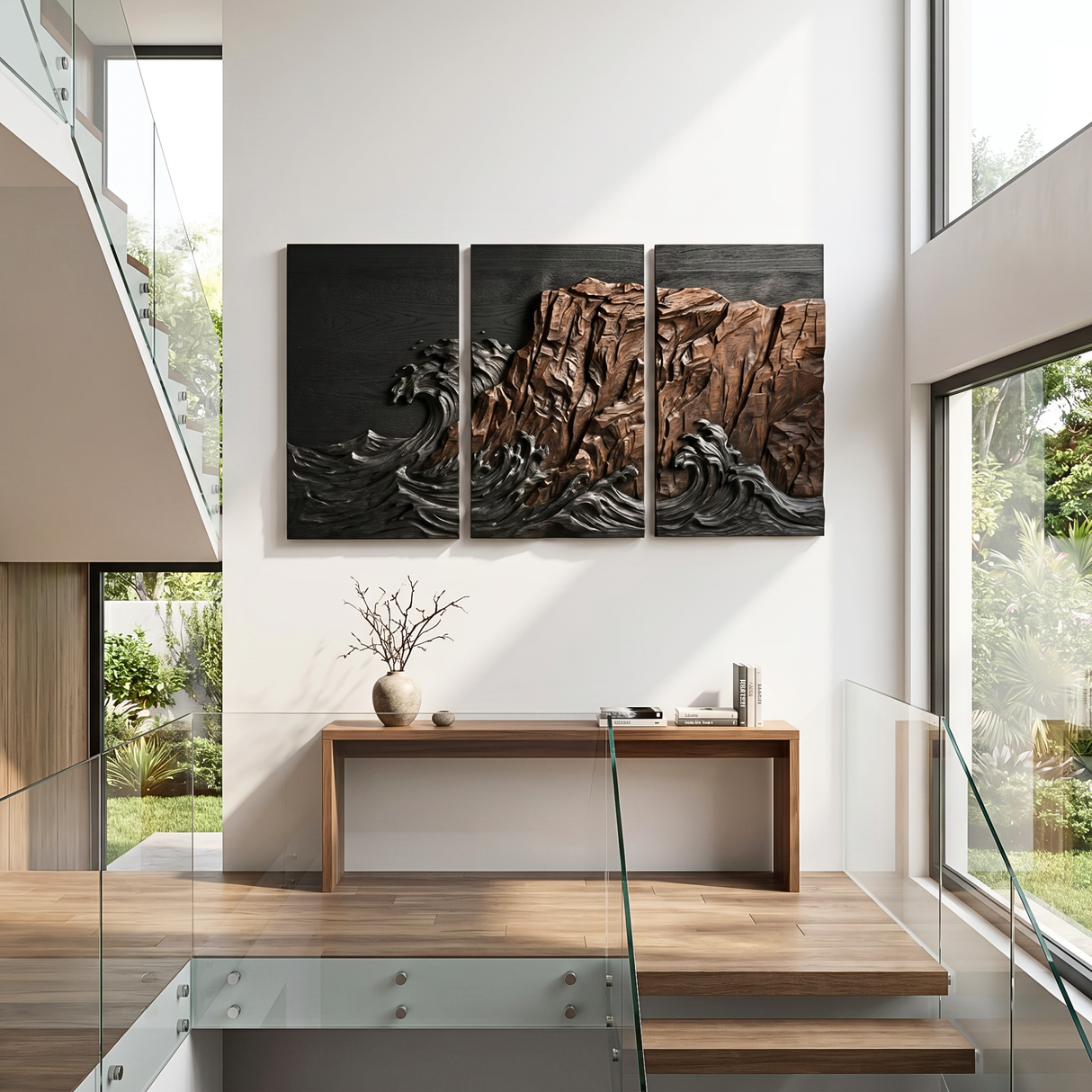 Carved Wood Ocean Cliff Triptych Wall Art