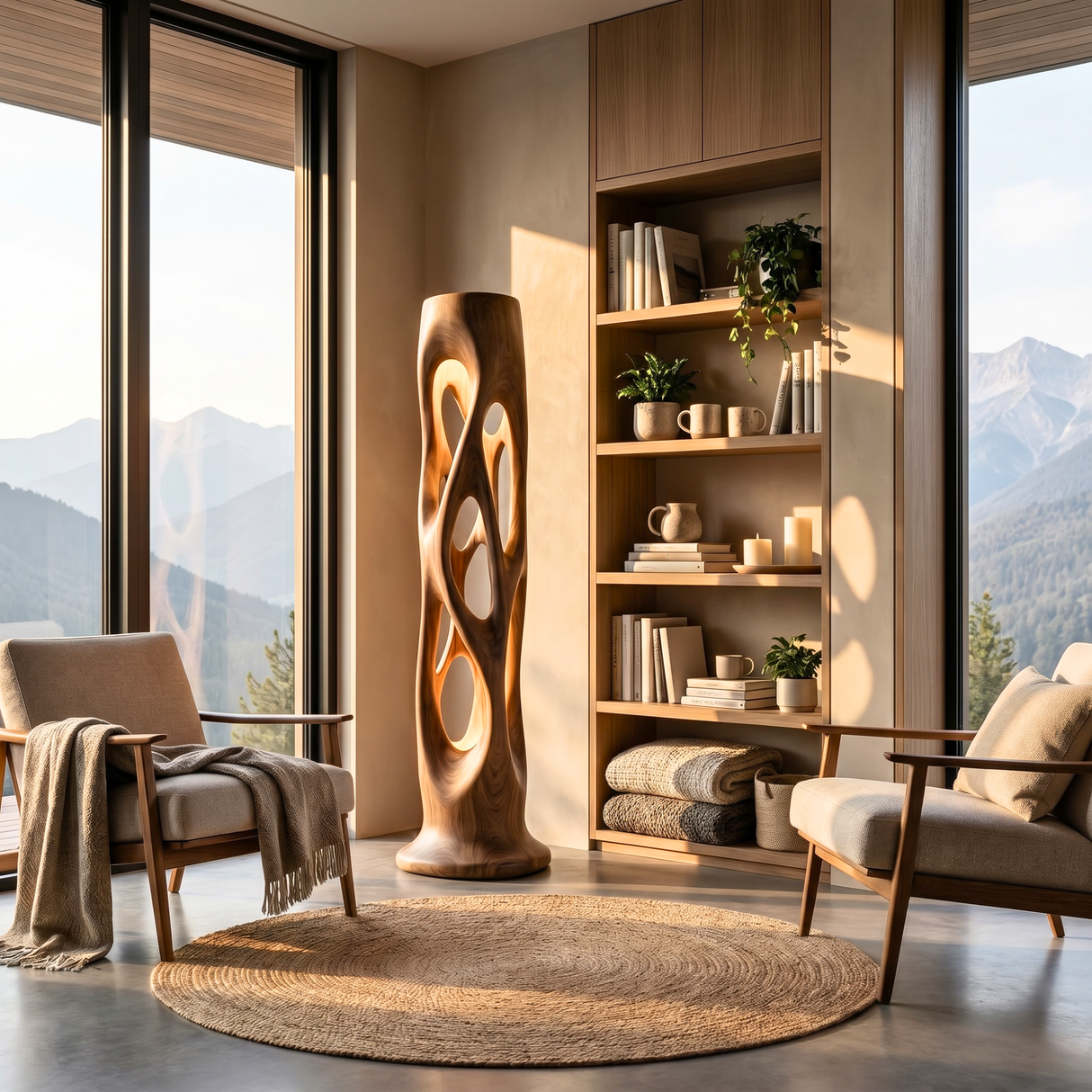 Sculptural Solid Wood Floor Lamp with Illuminated Openwork Column and Organic Cutout Design