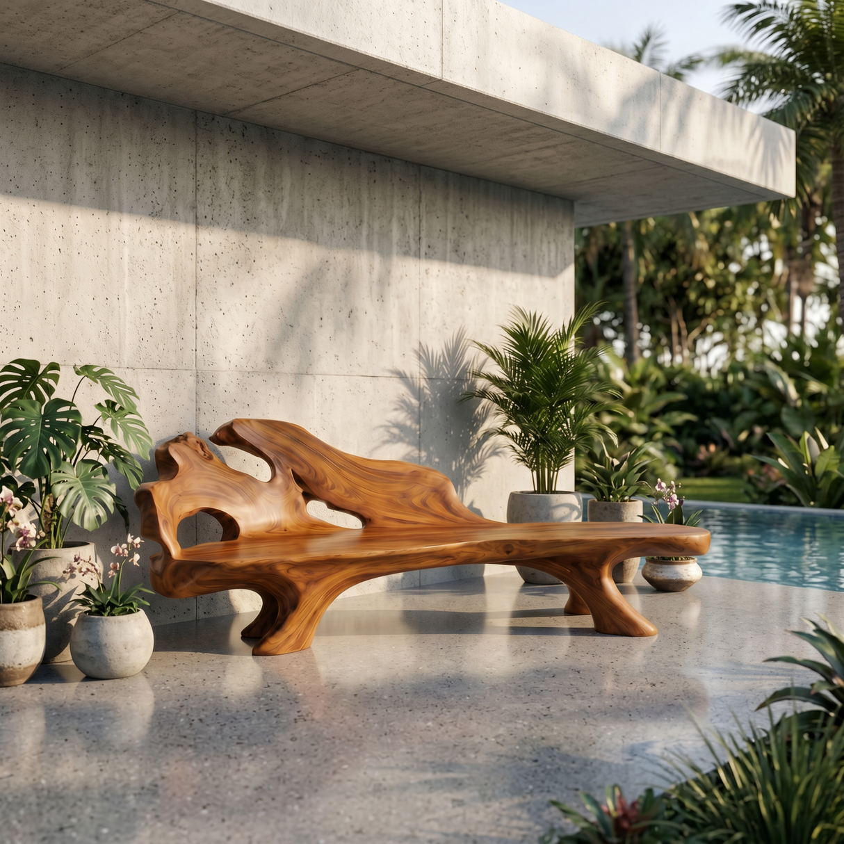 Solid Wood Outdoor Bench with Sculptural Backrest and Hollow Carved Details