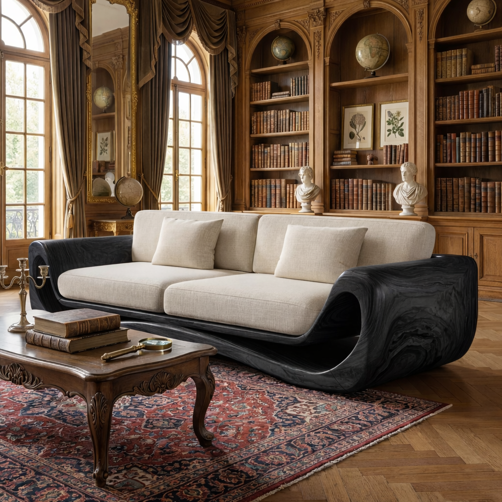 Solid Wood Curved Frame Sofa with Sculptural Wrapped Sides for Home Library