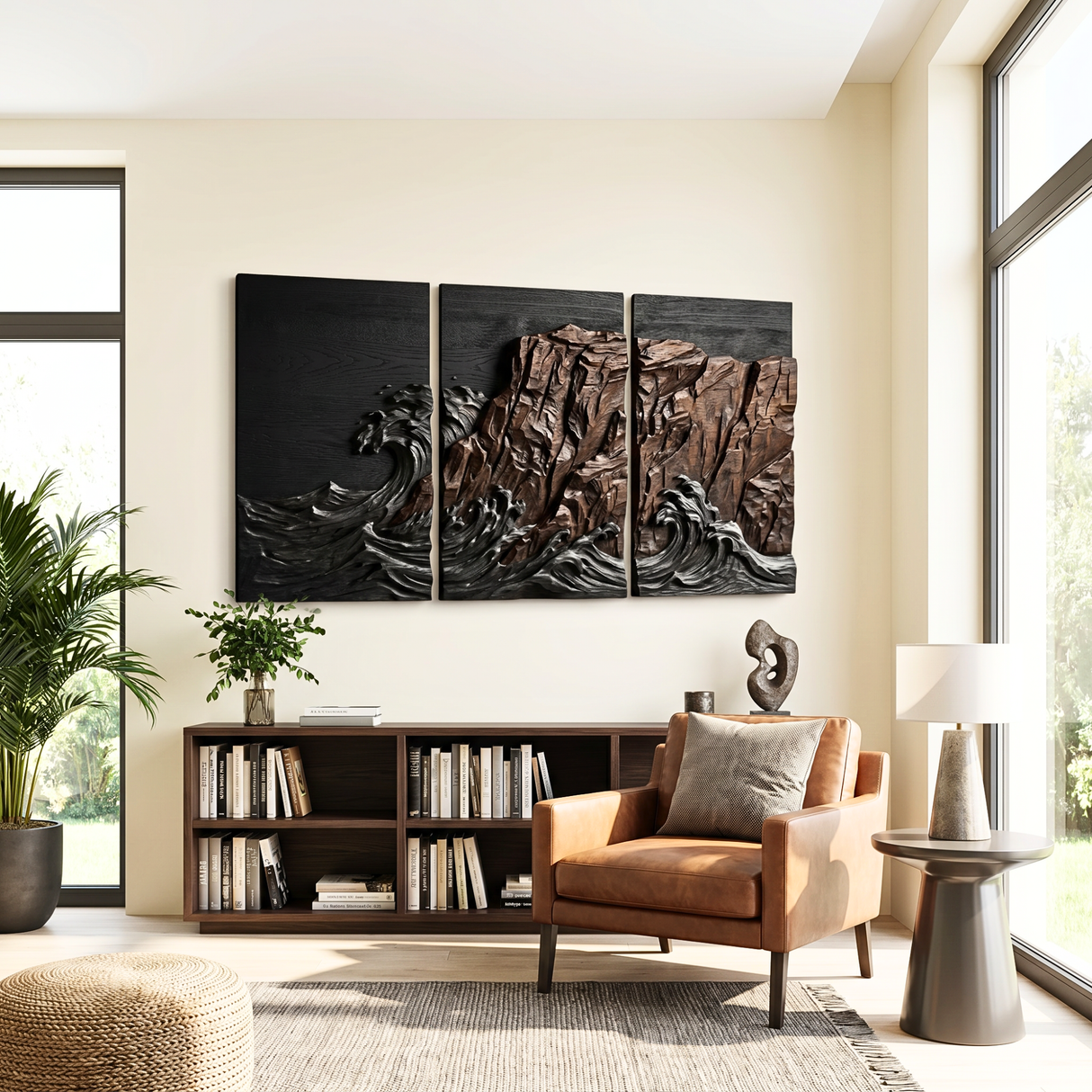 Carved Wood Ocean Cliff Triptych Wall Art