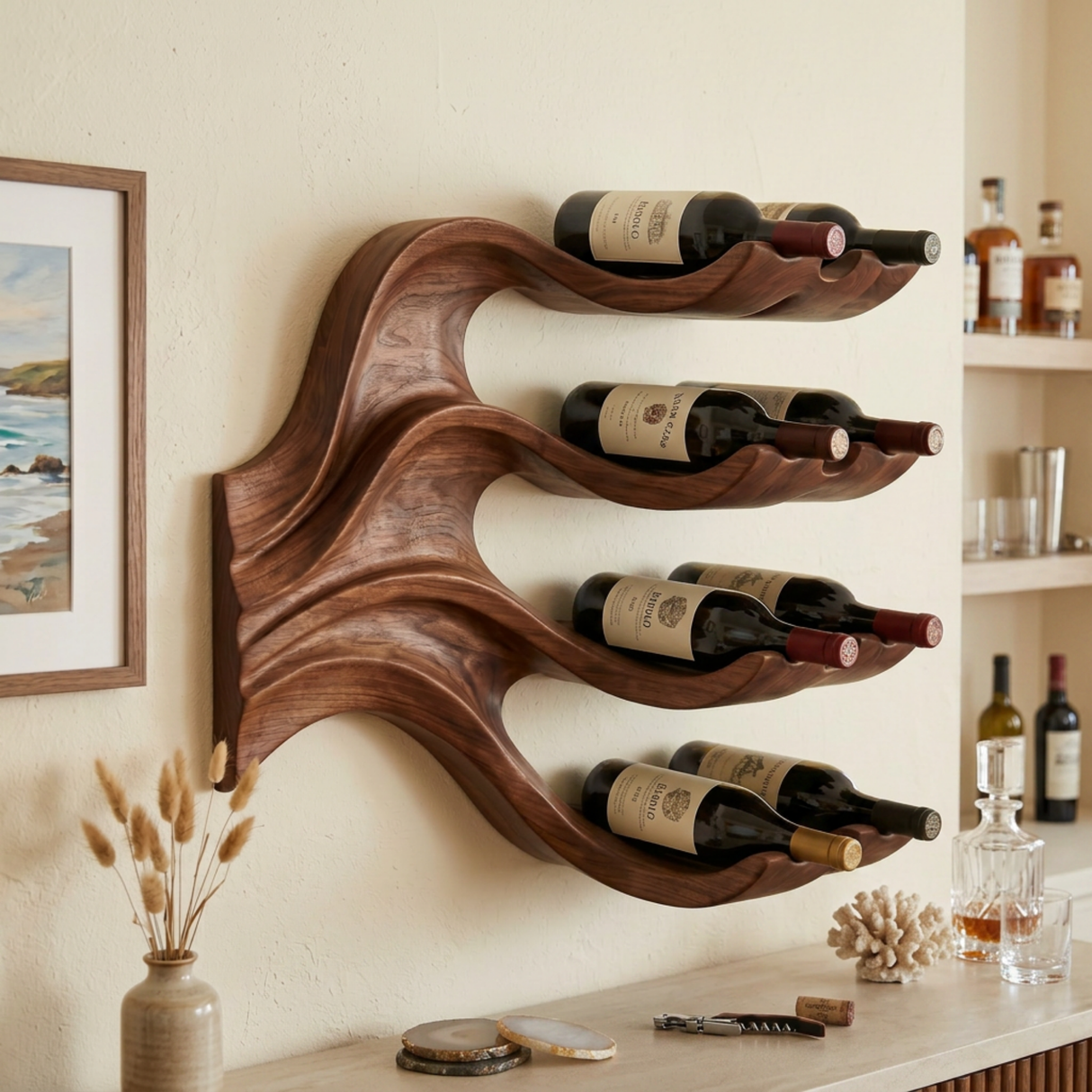 Organic Wave Solid Wood Wall Wine Rack