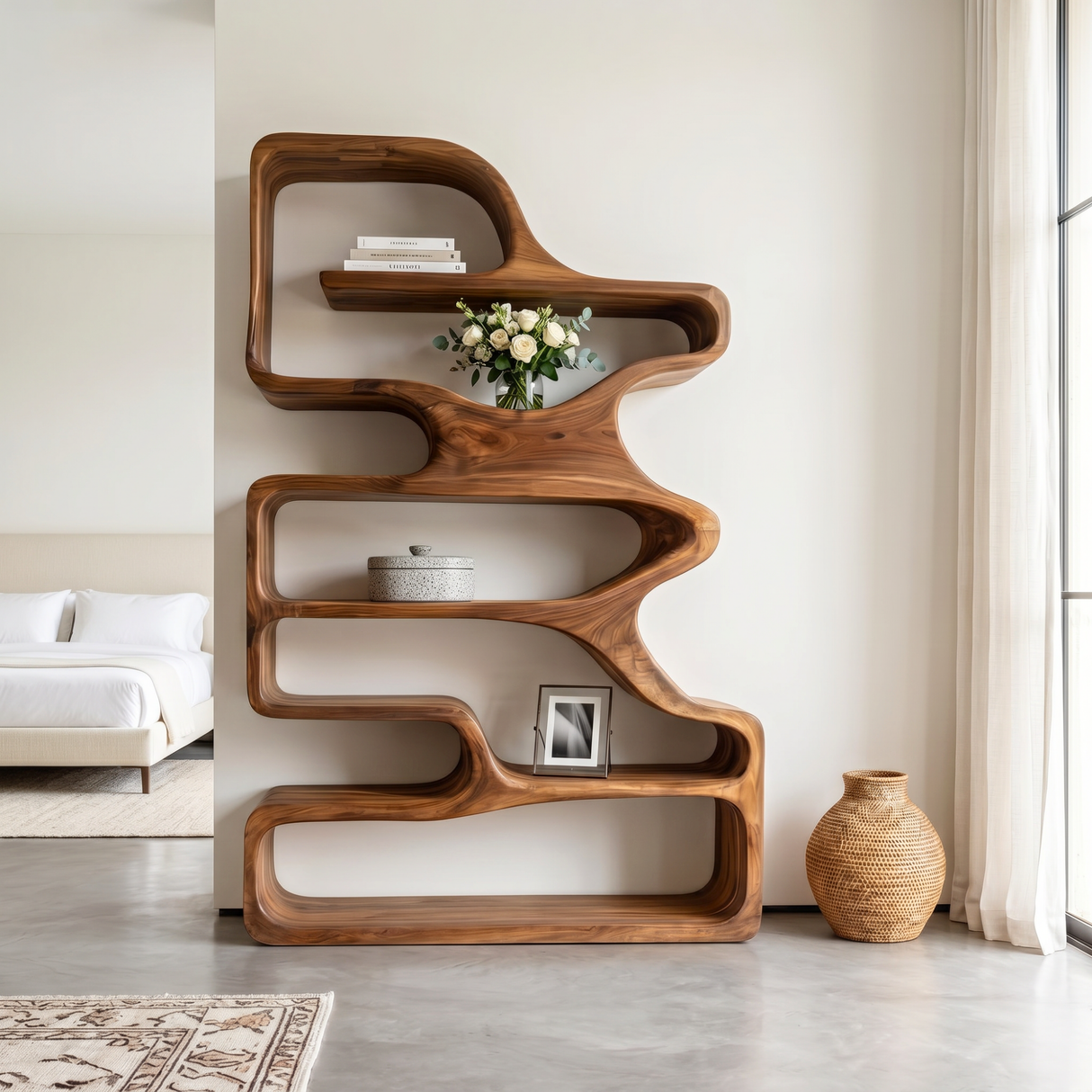 Organic Solid Wood Bookshelf with Flowing Open Shelves