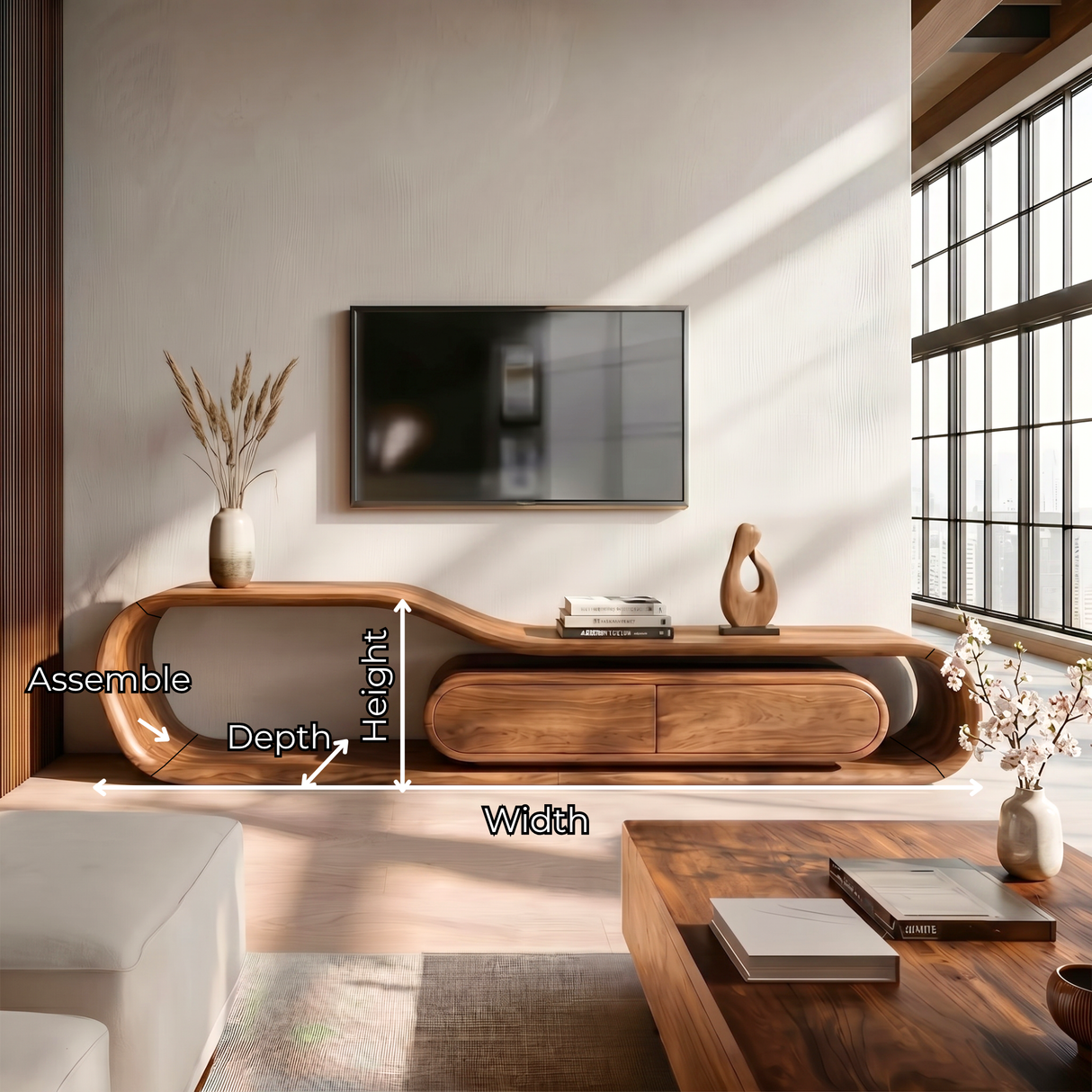 Flowing Organic Solid Wood TV Stand with Rounded Storage Drawers