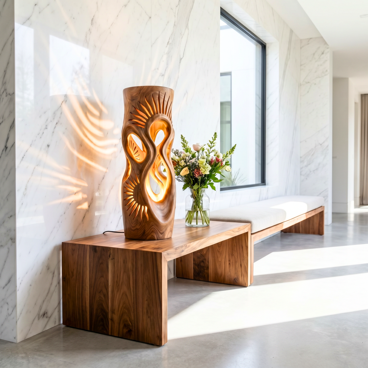 Radiant Sunbeam Wood Table Lamp with Organic Cutouts