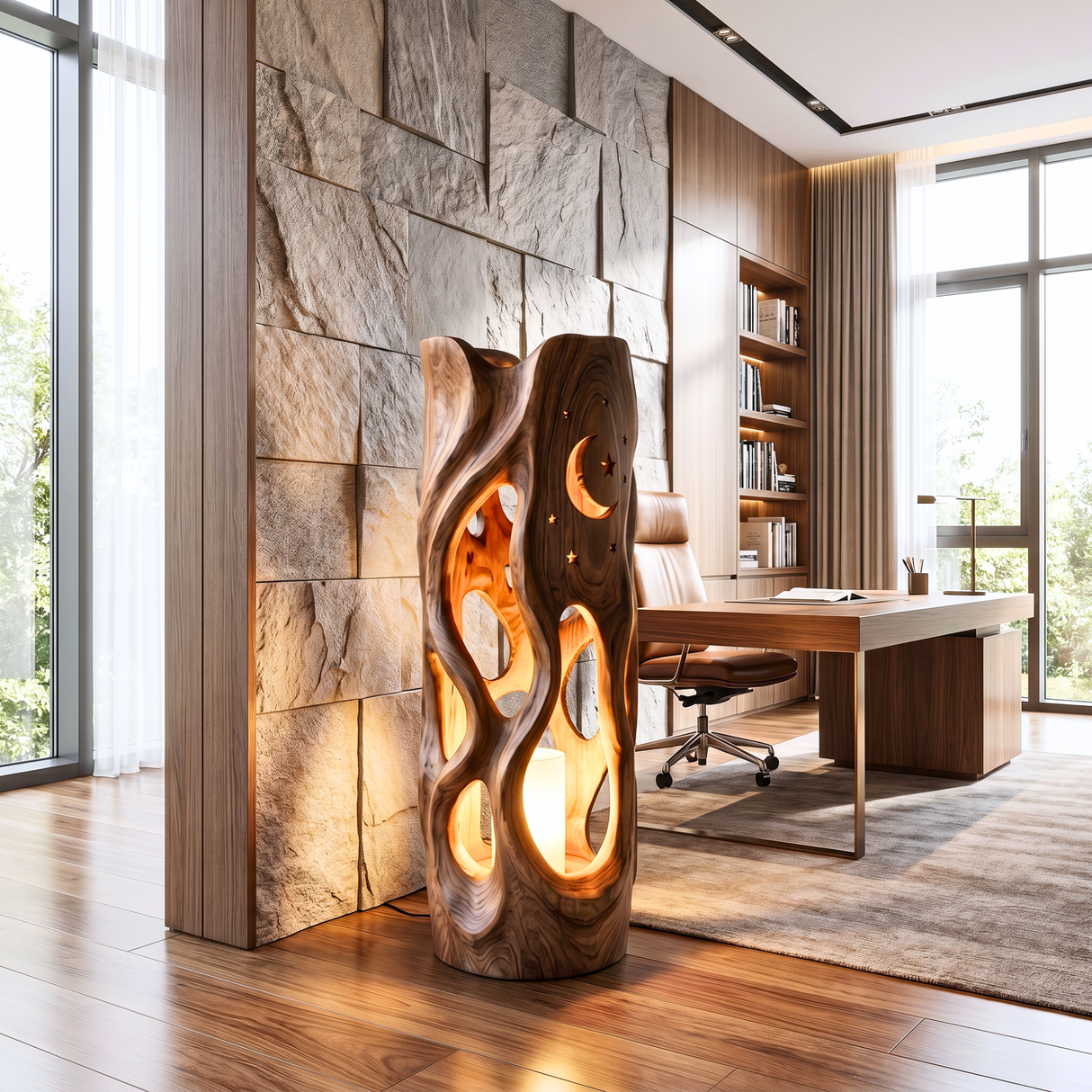 Moonlit Cutout Wood Floor Lamp with Warm Glow