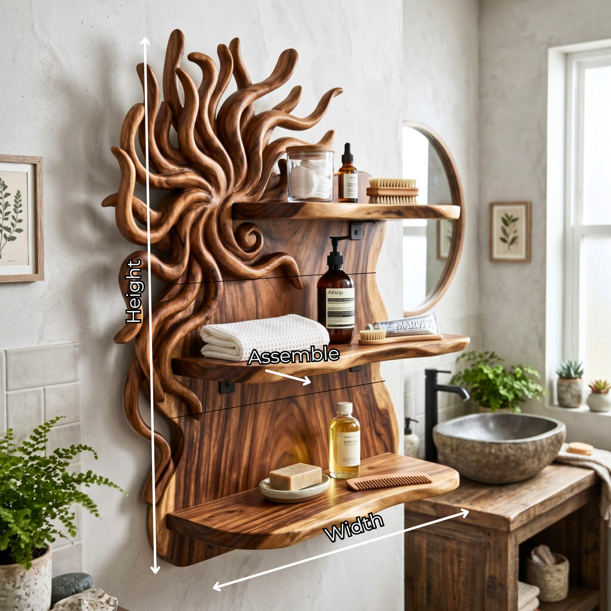 Organic Sunburst Wood Wall Shelf for Bathroom Storage