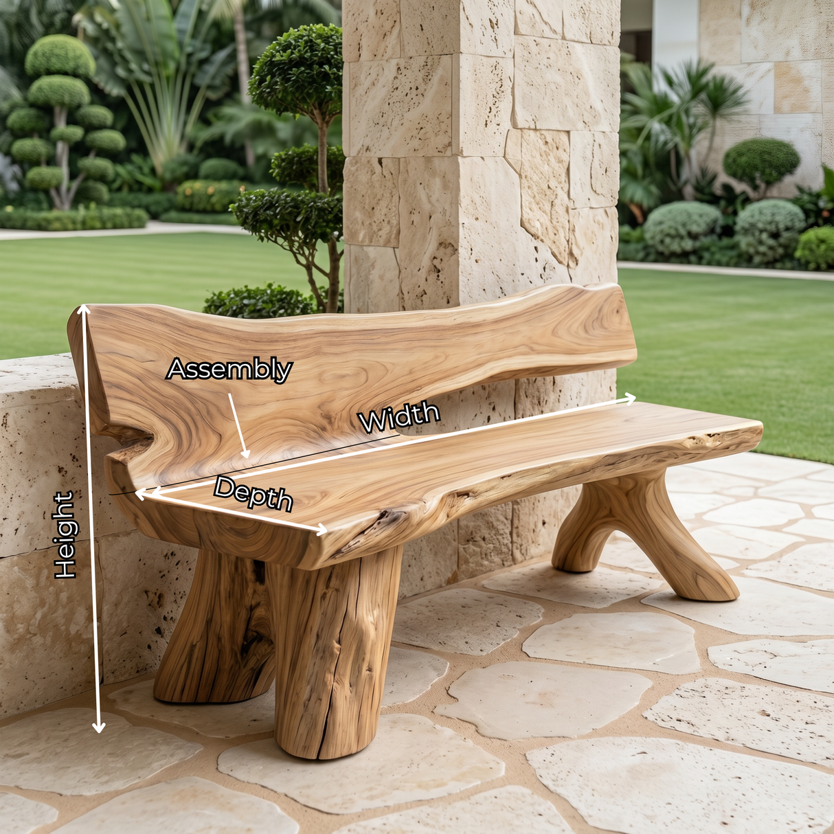 Solid Wood Outdoor Bench with Live Edge Backrest for Garden Seating