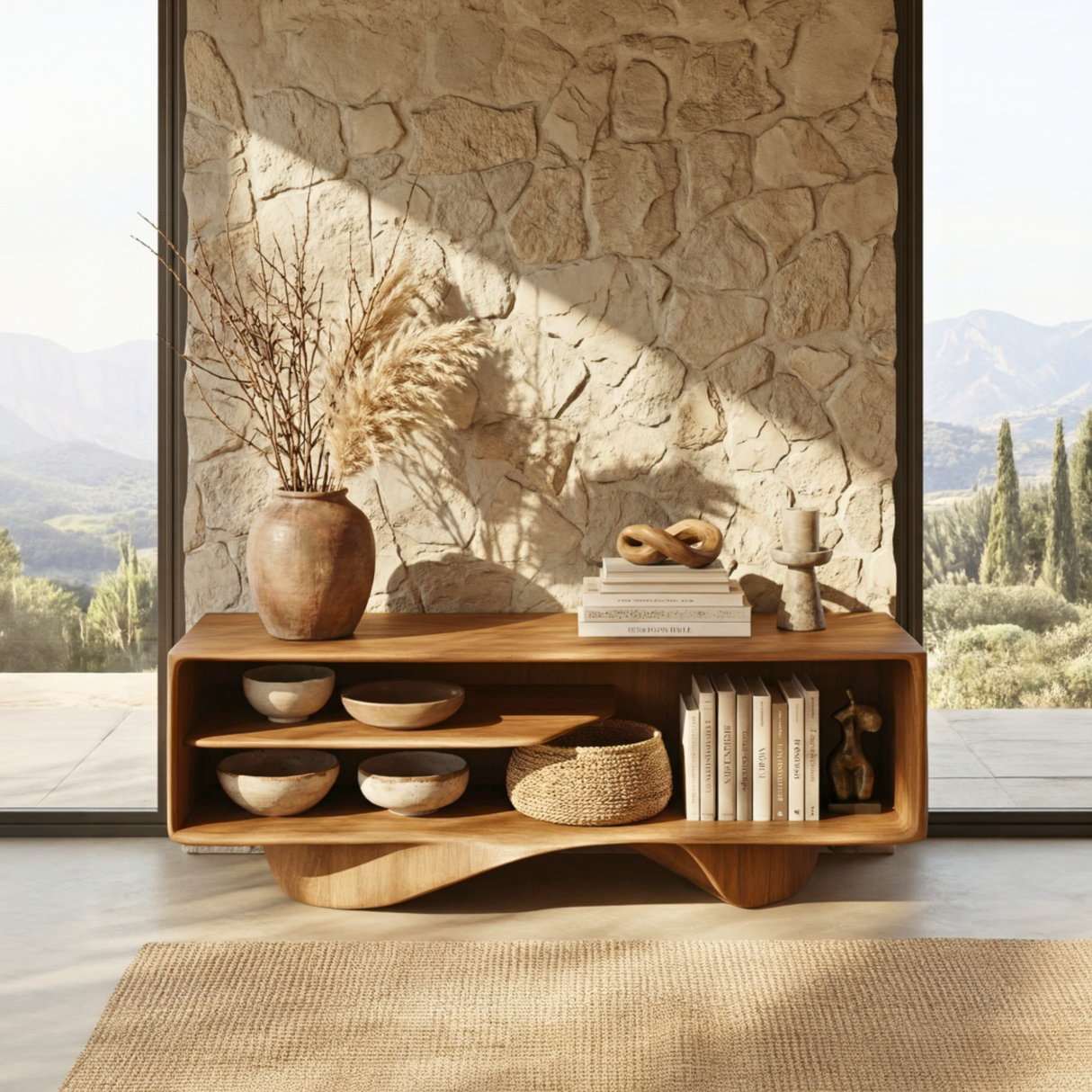 Gallery Style Solid Wood Media Console with Floating Wave Base, Minimalist TV Cabinet for Organic Modern Interiors