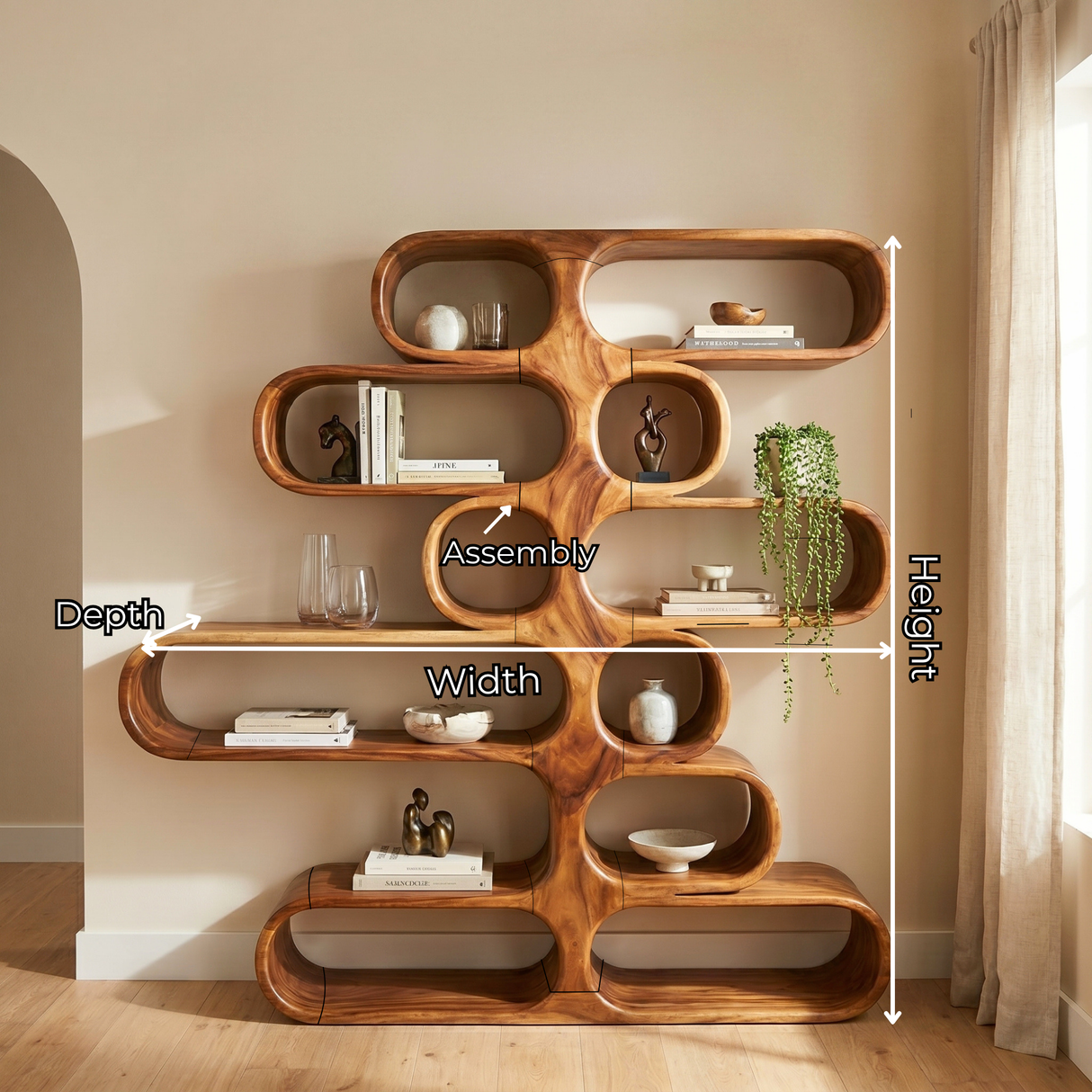 Handcrafted Solid Wood Organic Bookshelf with Rounded Open Display Shelves