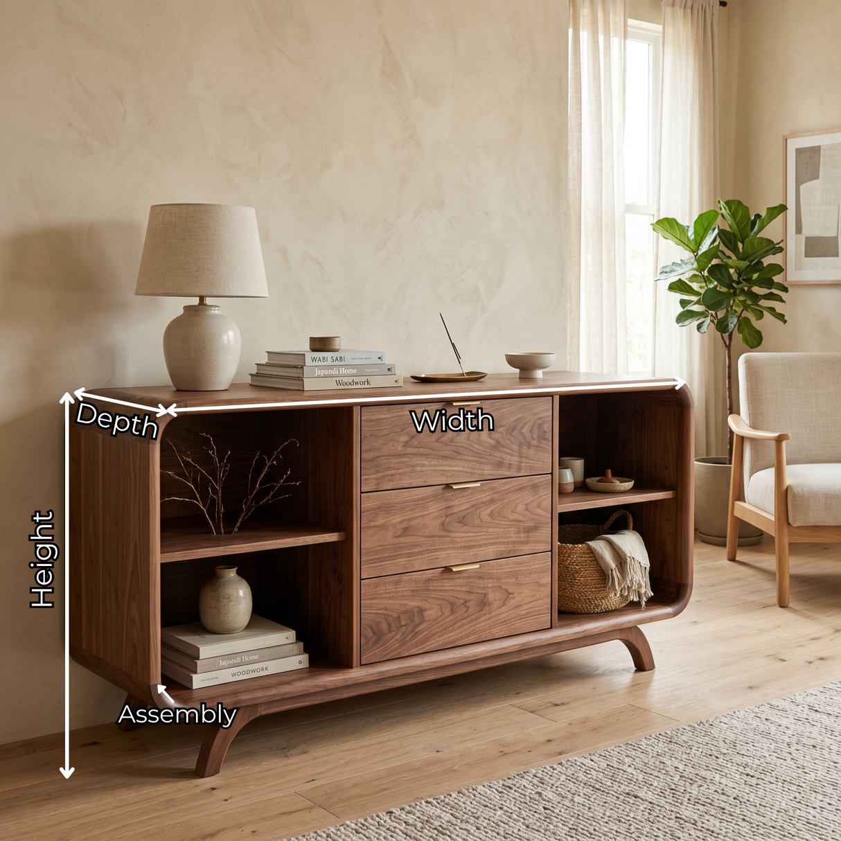 Handcrafted Solid Wood Sideboard with Three Drawers and Open Shelving