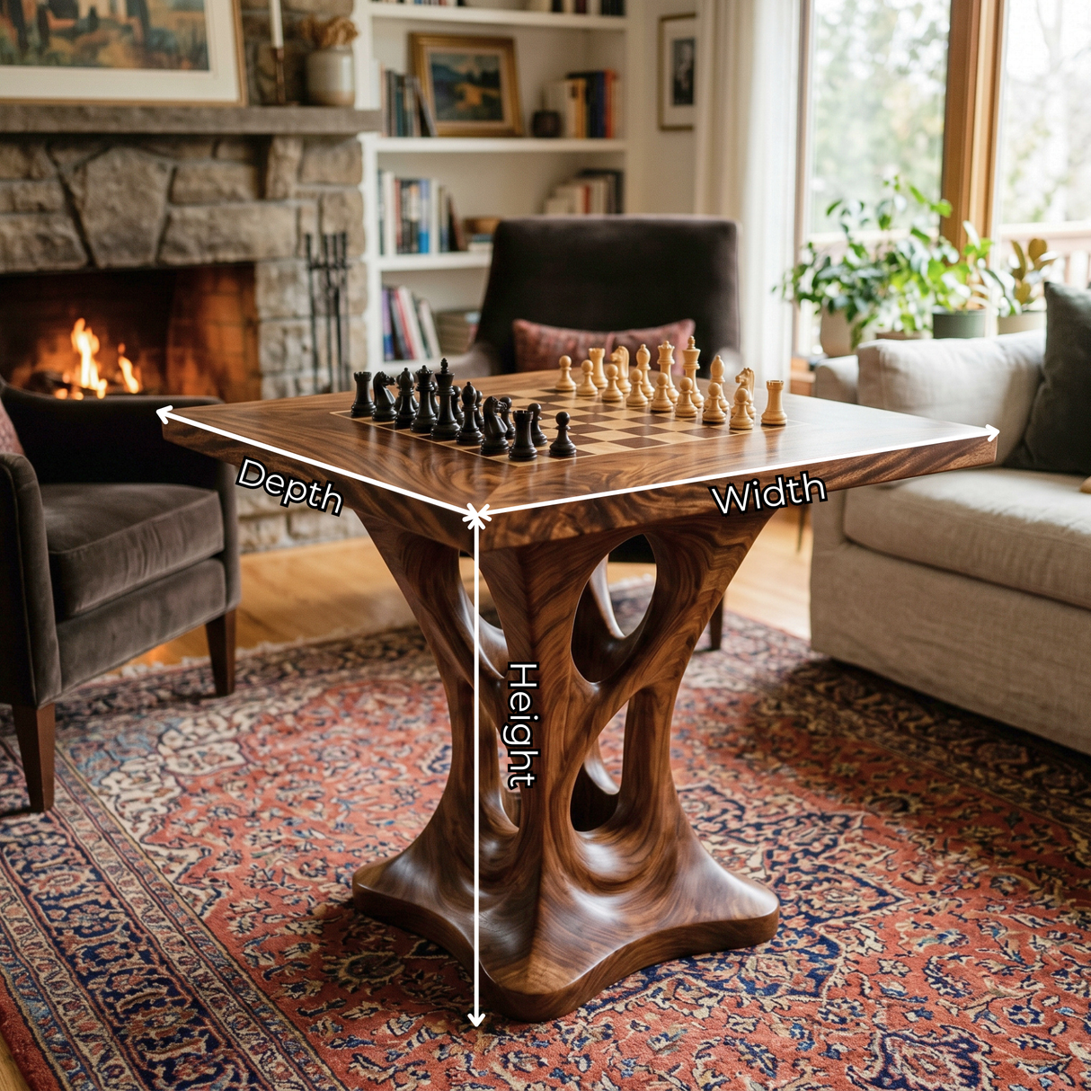 Handcrafted Solid Wood Chess Table with Sculptural Open Pedestal Base