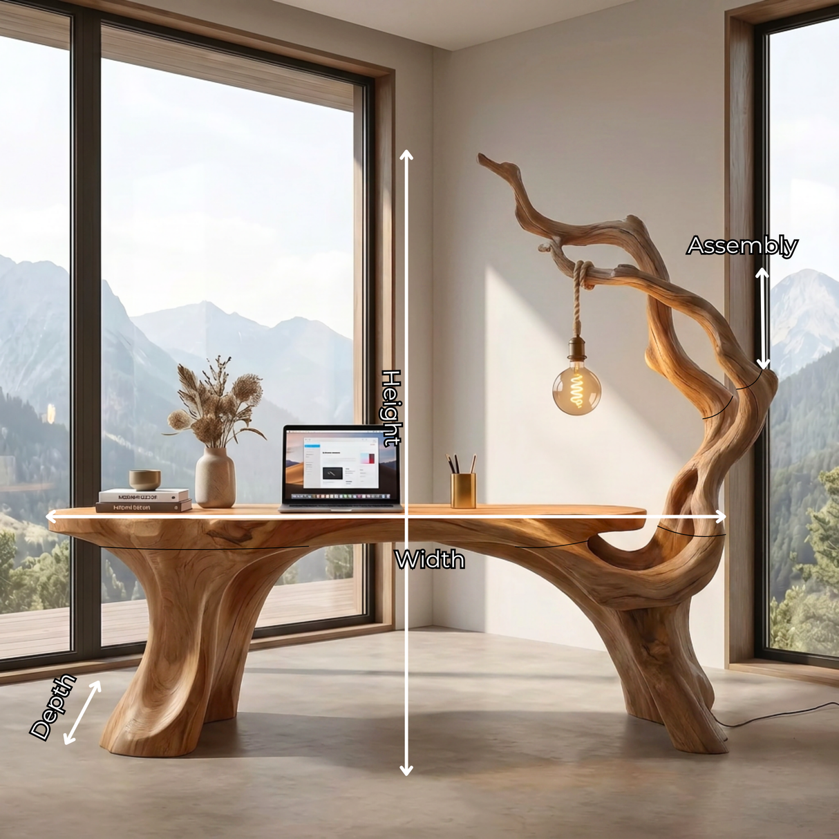 Handmade Solid Wood Sculptural Desk With Hanging Lamp Organic Modern Artistic Workspace Table