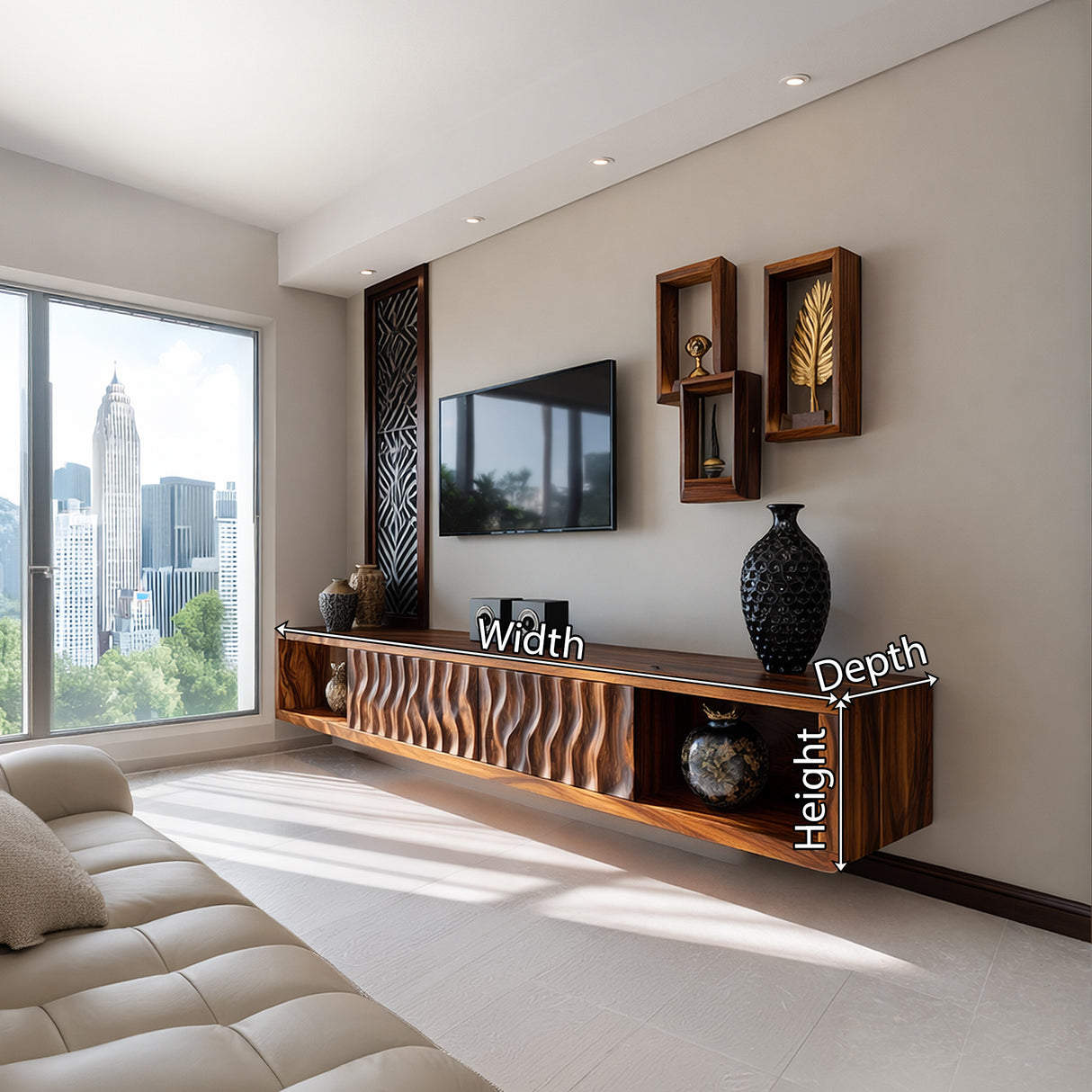 Luxury Sculptural Solid Wood Floating TV Console