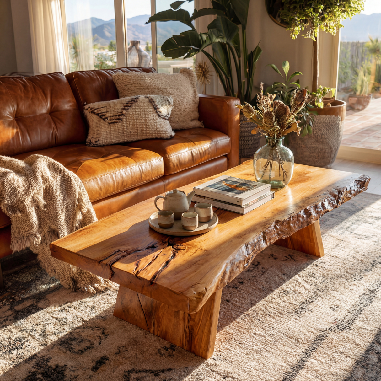Live Edge Wood Coffee Table with Sculptural Block Base