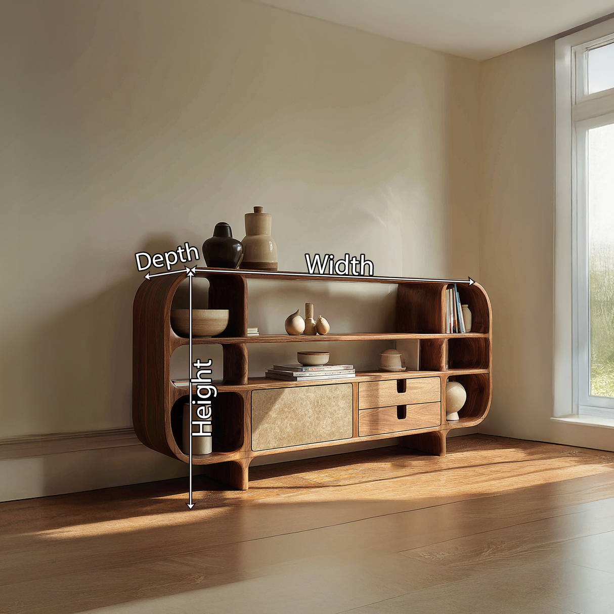 Handcrafted Solid Wood Sideboard with Rounded Open Shelves and Drawers