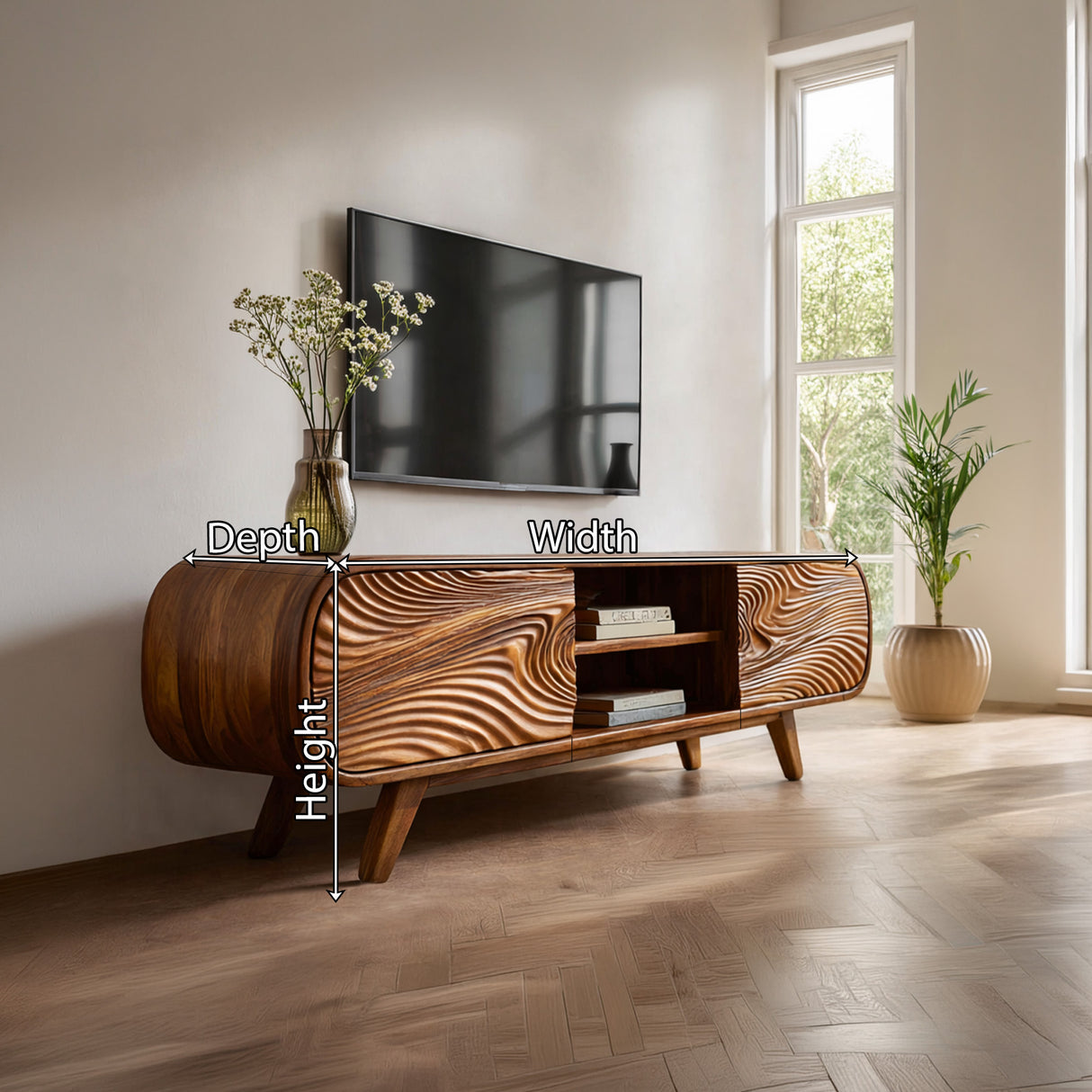 Handcrafted Solid Wood Media Cabinet with Sculpted Grain