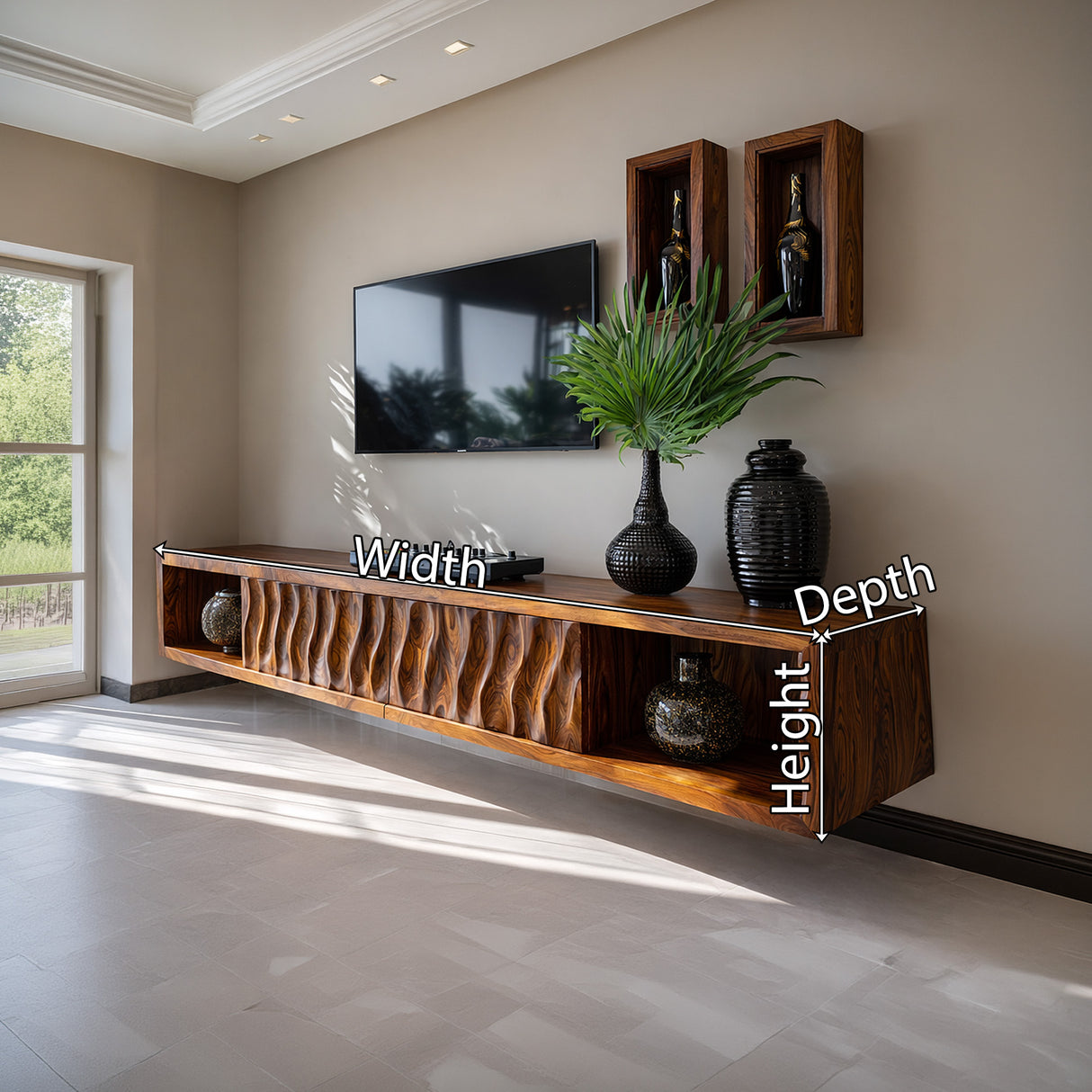 Floating Sculpted Wood TV Console with Wave Front
