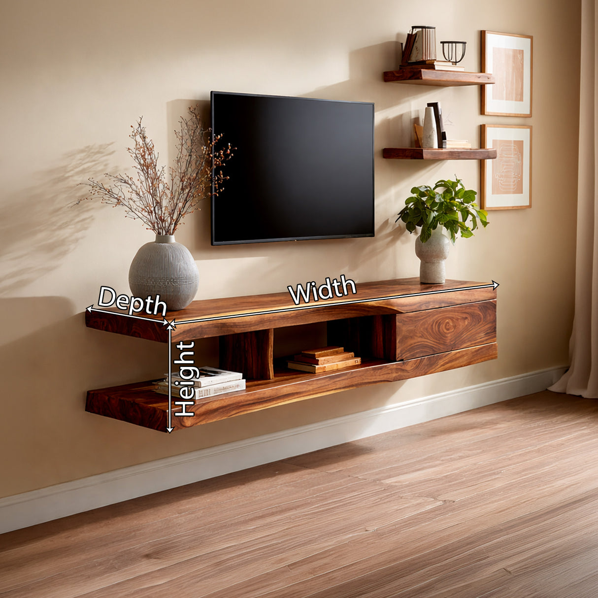 Floating Live Edge Wood TV Console with Drawer