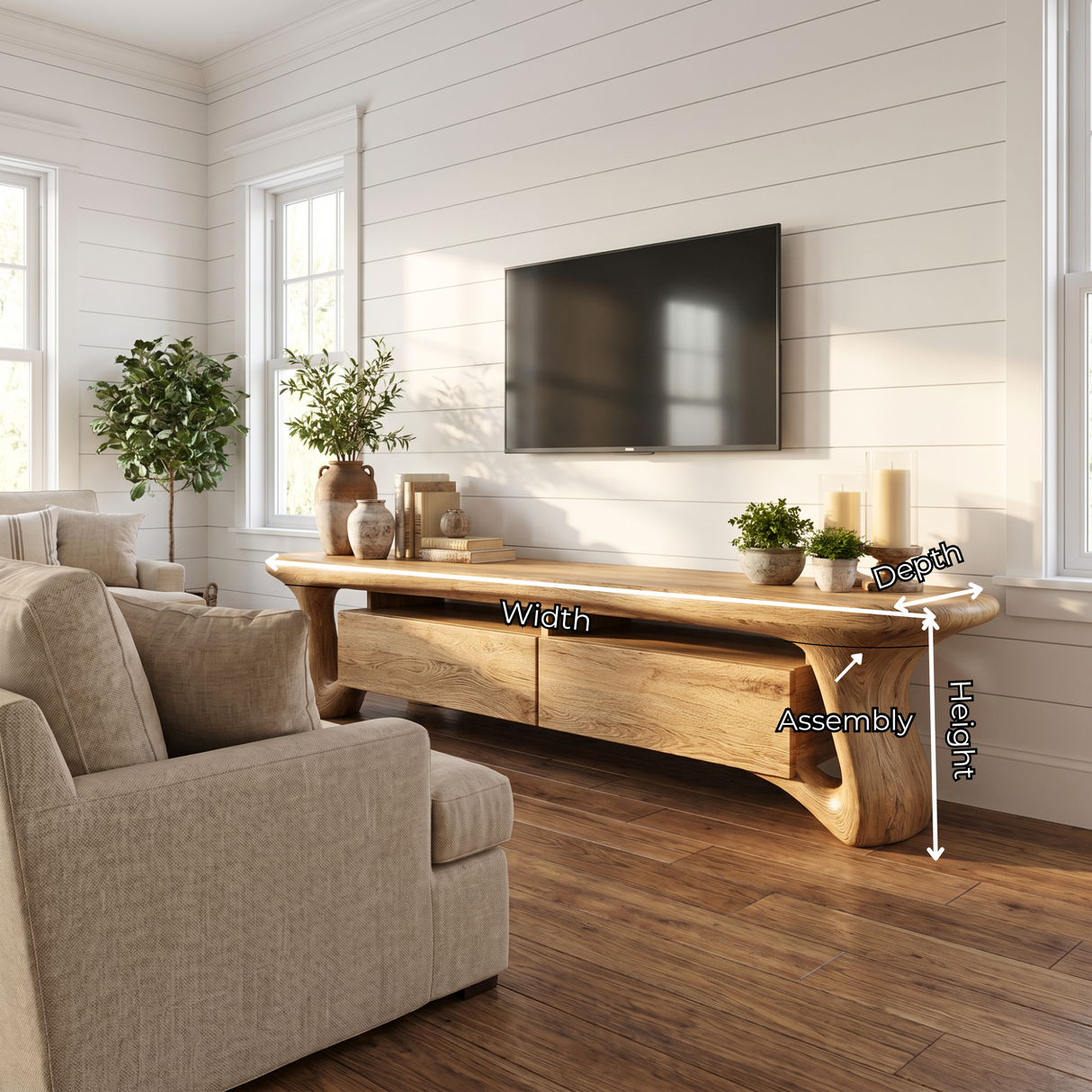 Organic Solid Wood TV Stand with Sculptural Loop Legs and Storage Drawers
