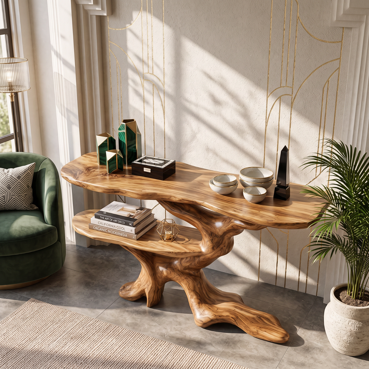 Console Table Solid Wood with Sculptural Branching Two Tier Base for Entryway Decor