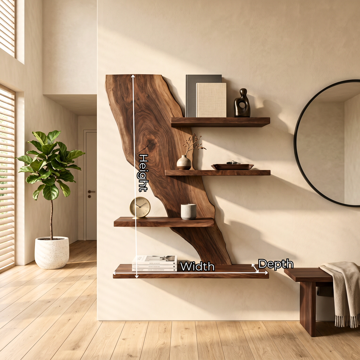 Modern Live Edge Wooden Floating Shelf Handmade Solid Wood Wall Mounted Display Shelf