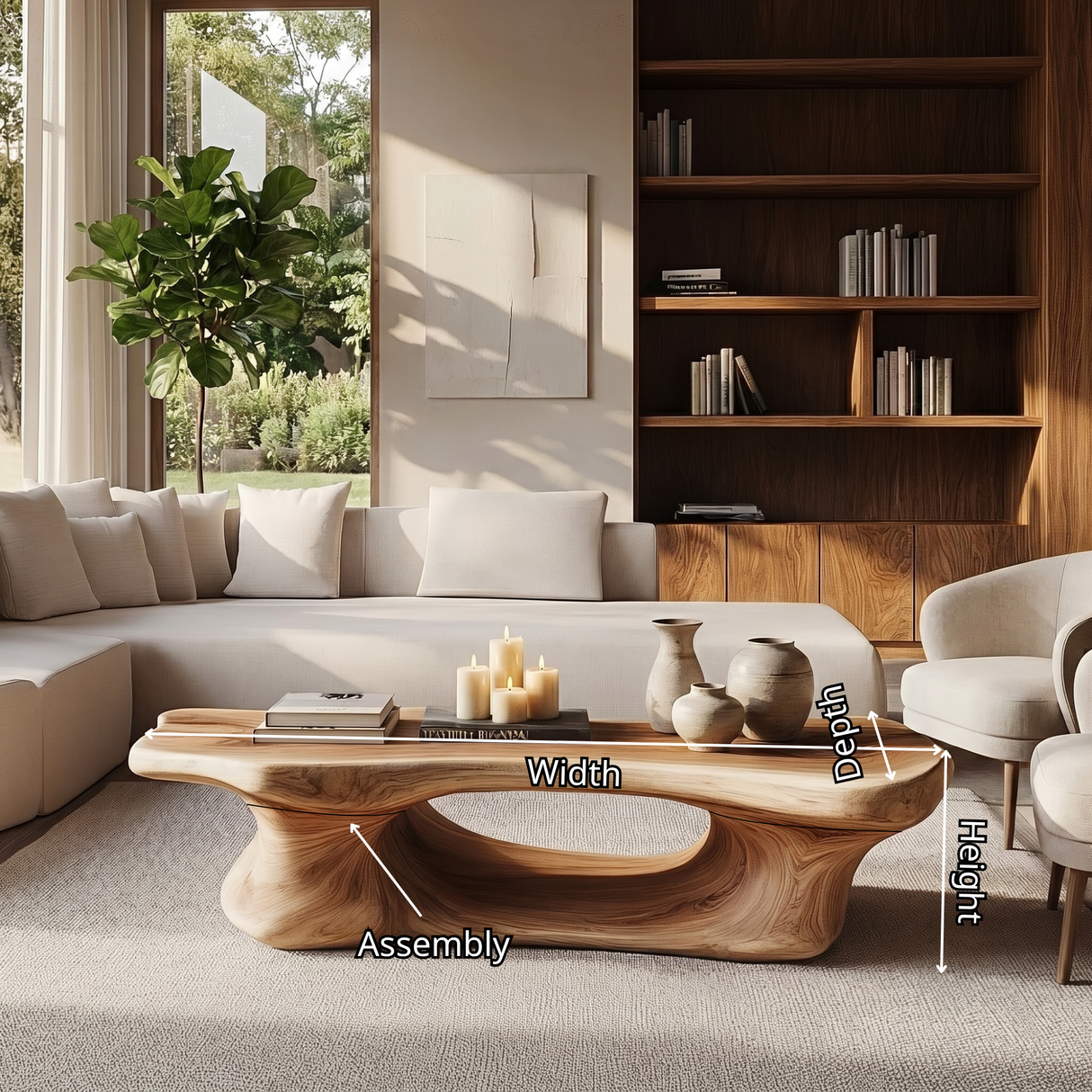 Coffee Table Solid Wood with Long Arched Hollow Base for Living Room