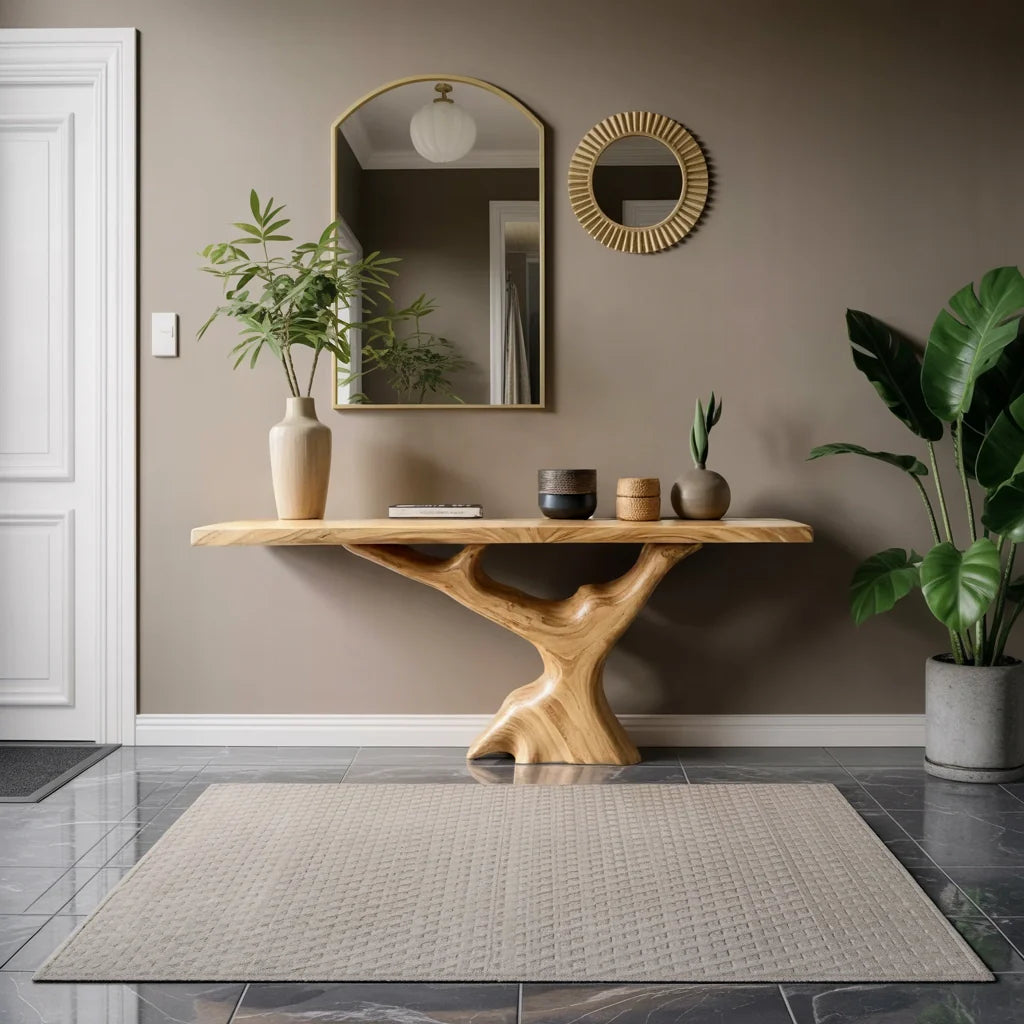 Sculptural Solid Wood Console Table with Organic Pedestal Base