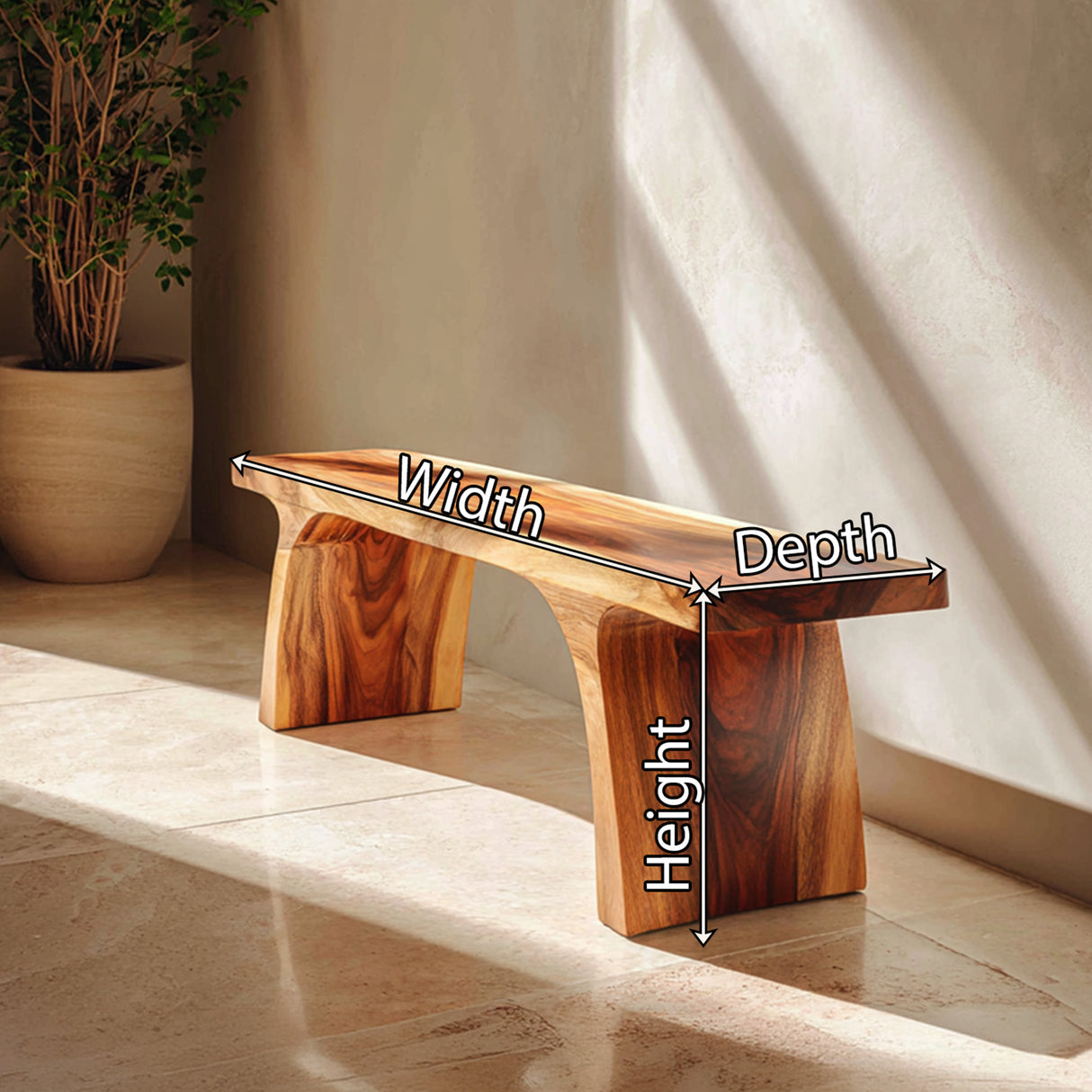 Minimalist Solid Wood Bench with Sculpted Organic Base