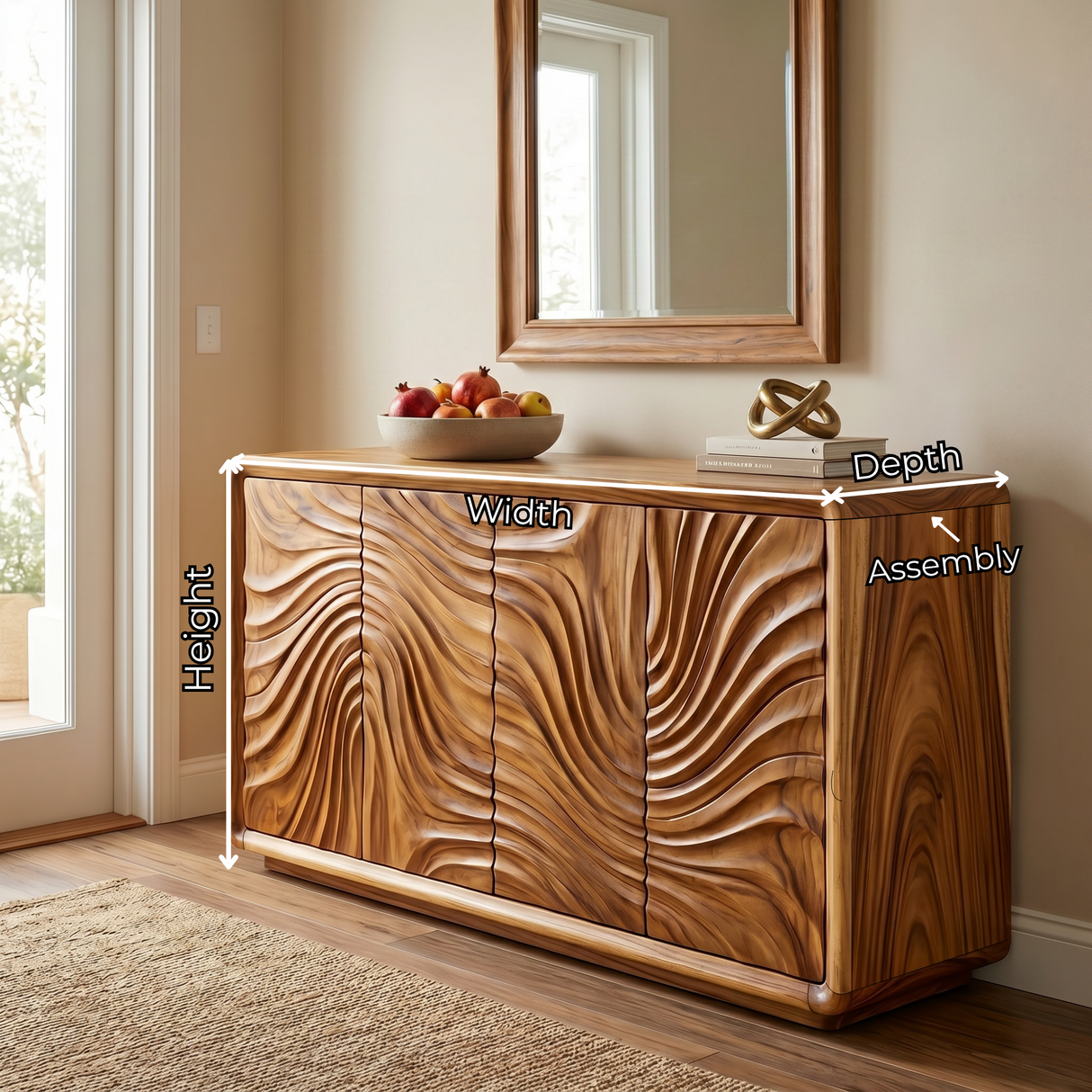 Solid Wood Sideboard Cabinet with Radiating Wave Carved Doors