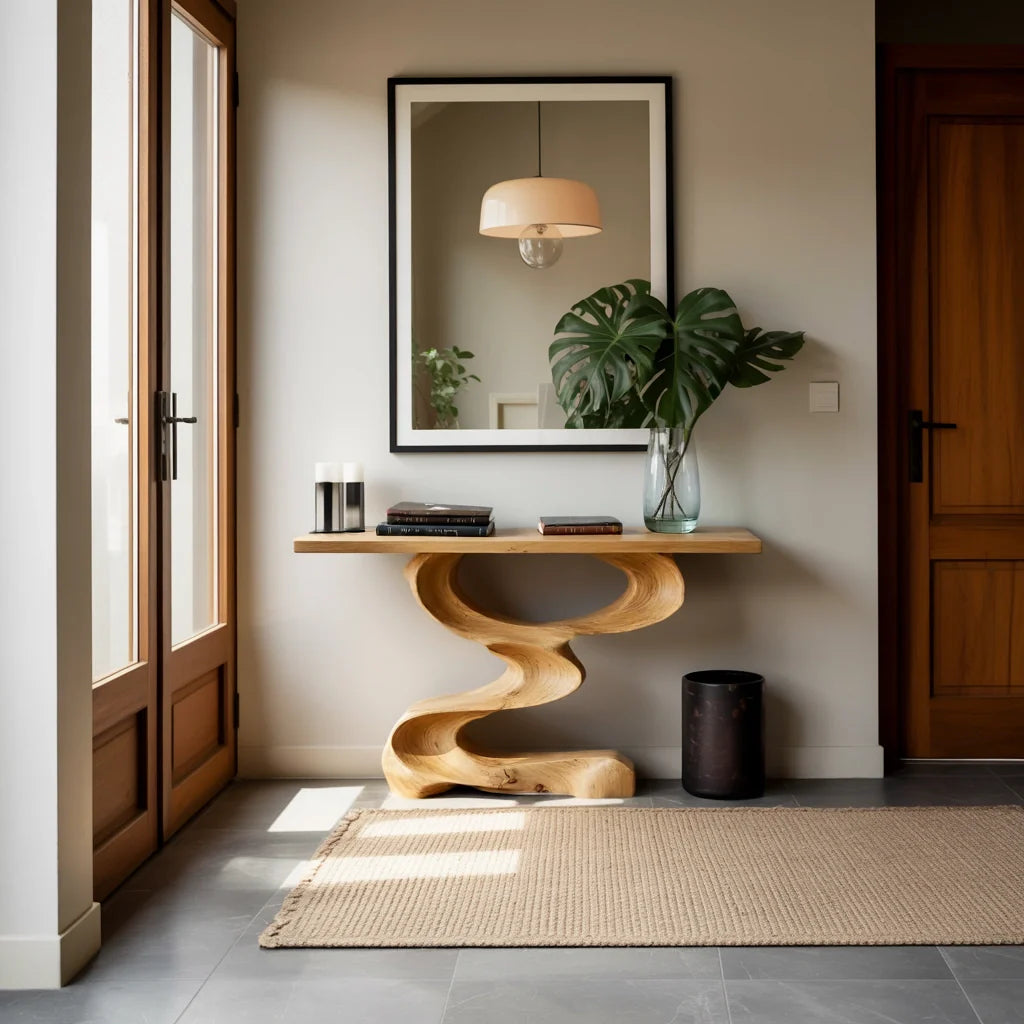 Organic Curved Solid Wood Console Table with Sculptural Z Base