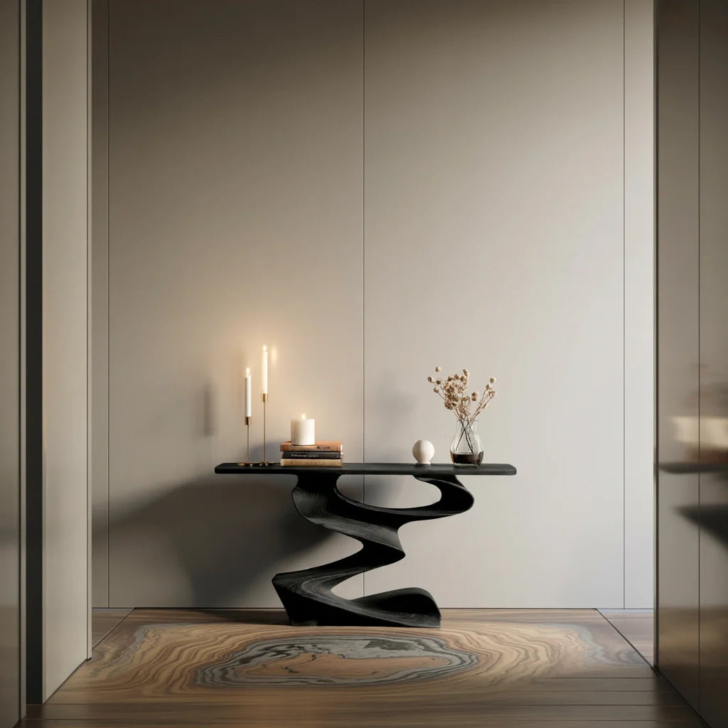 Sculpted Wave Solid Wood Console Table with Organic Pedestal Base