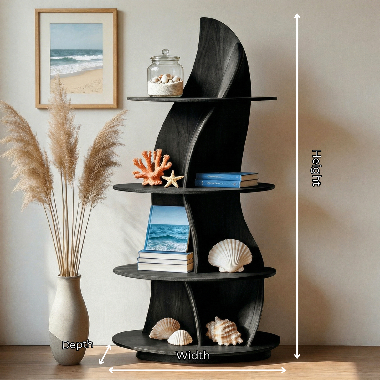 Handcrafted Solid Wood Sculptural Corner Bookcase with Curved Tiered Shelves