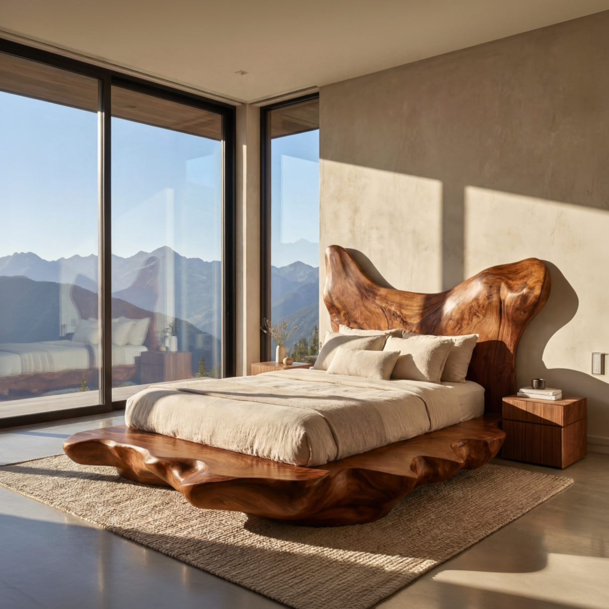 Sculptural Solid Wood Bed Frame with Organic Live Edge Platform, Statement Bed for Organic Modern Bedrooms
