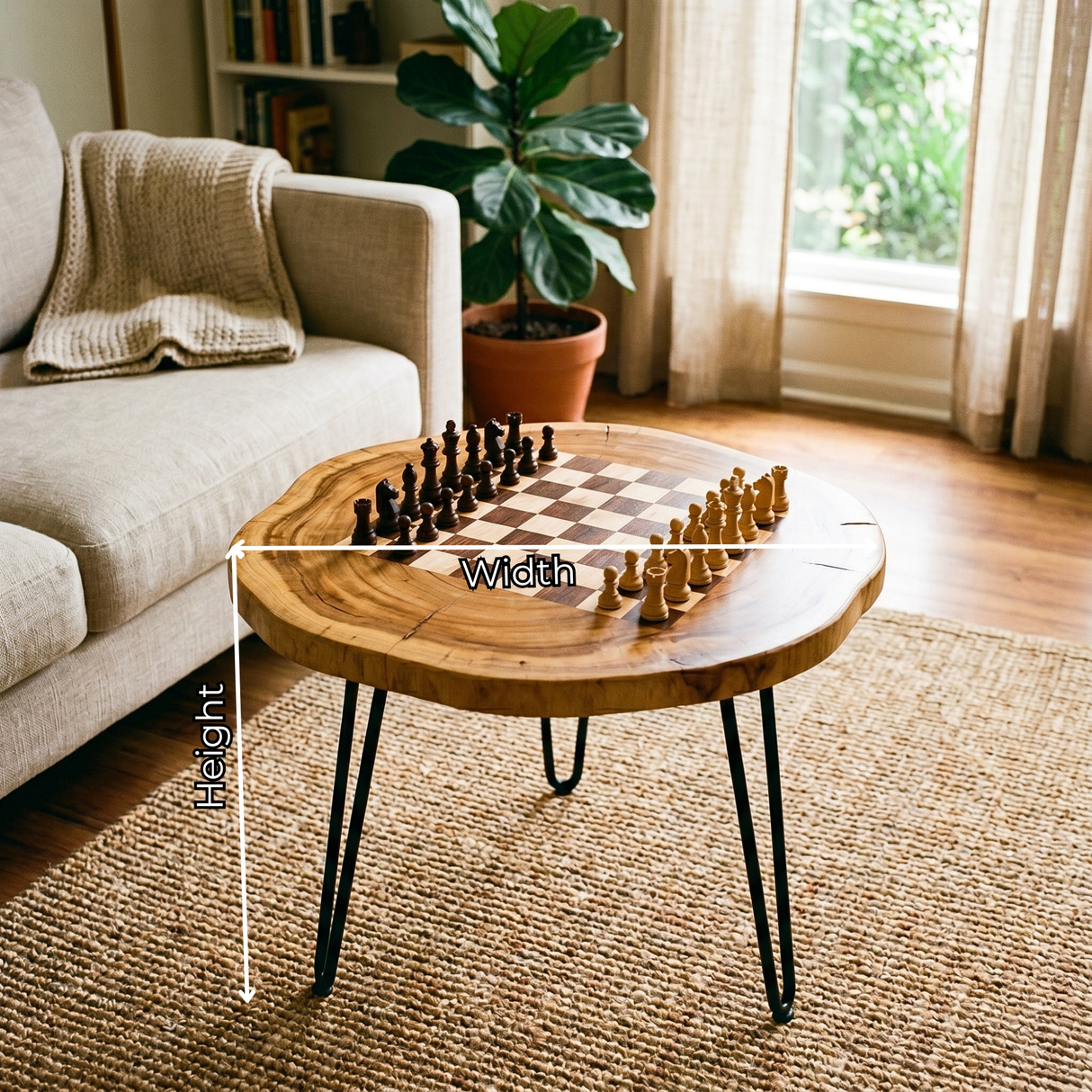 Handcrafted Solid Wood Chess Coffee Table with Organic Round Top and Hairpin Legs