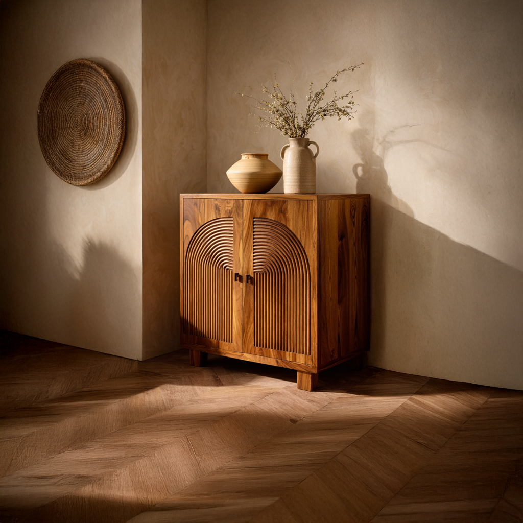 Solid Wood Sideboard with Arched Slat Doors Modern Japandi Storage Cabinet for Living Room