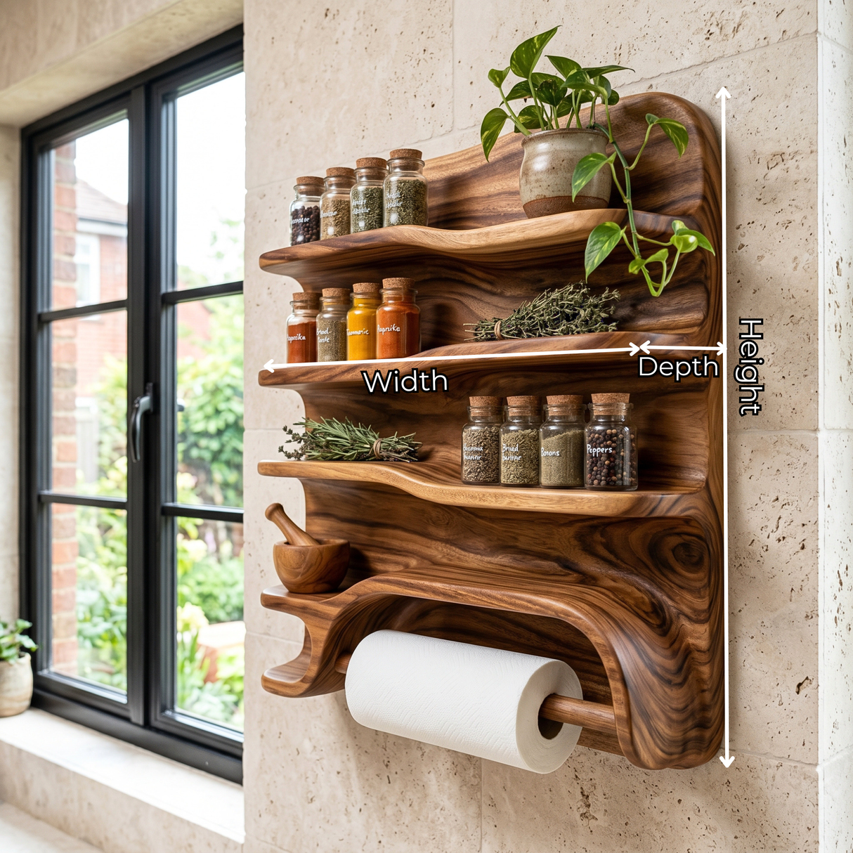Handcrafted Solid Wood Spice Rack Shelf with Organic Edges and Paper Towel Holder