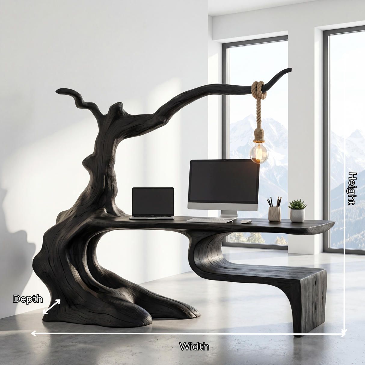 Solid Wood Organic Desk Sculptural Tree Inspired Workspace with Hanging Lamp Modern Writing Table