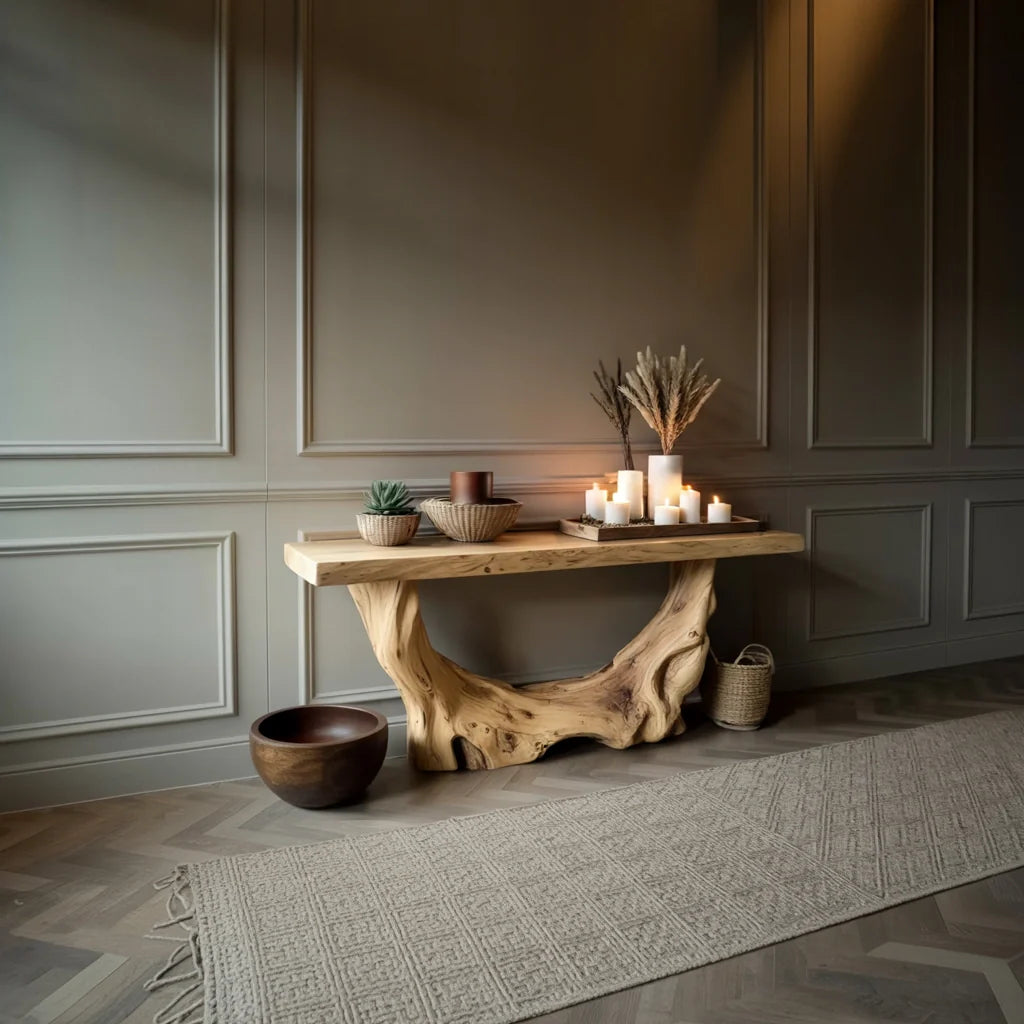 Organic Sculptural Live Edge Wood Console Table with Solid Driftwood Base